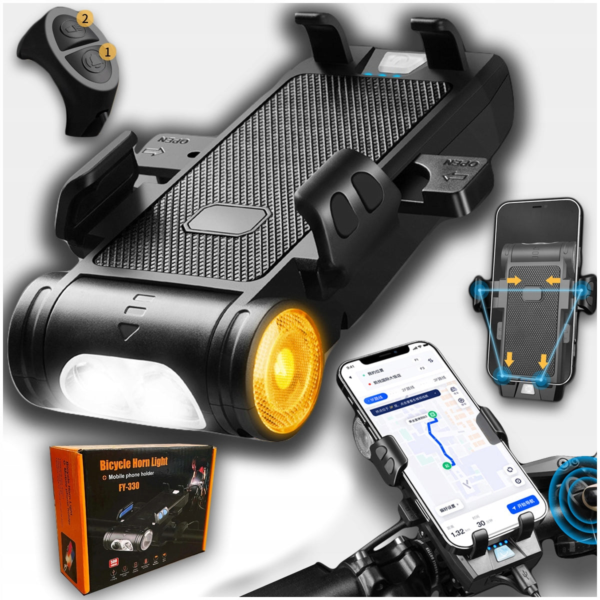 BICYCLE LIGHT WITH PHONE HOLDER HANDLEBARS POWERBANK HORN FRONT
