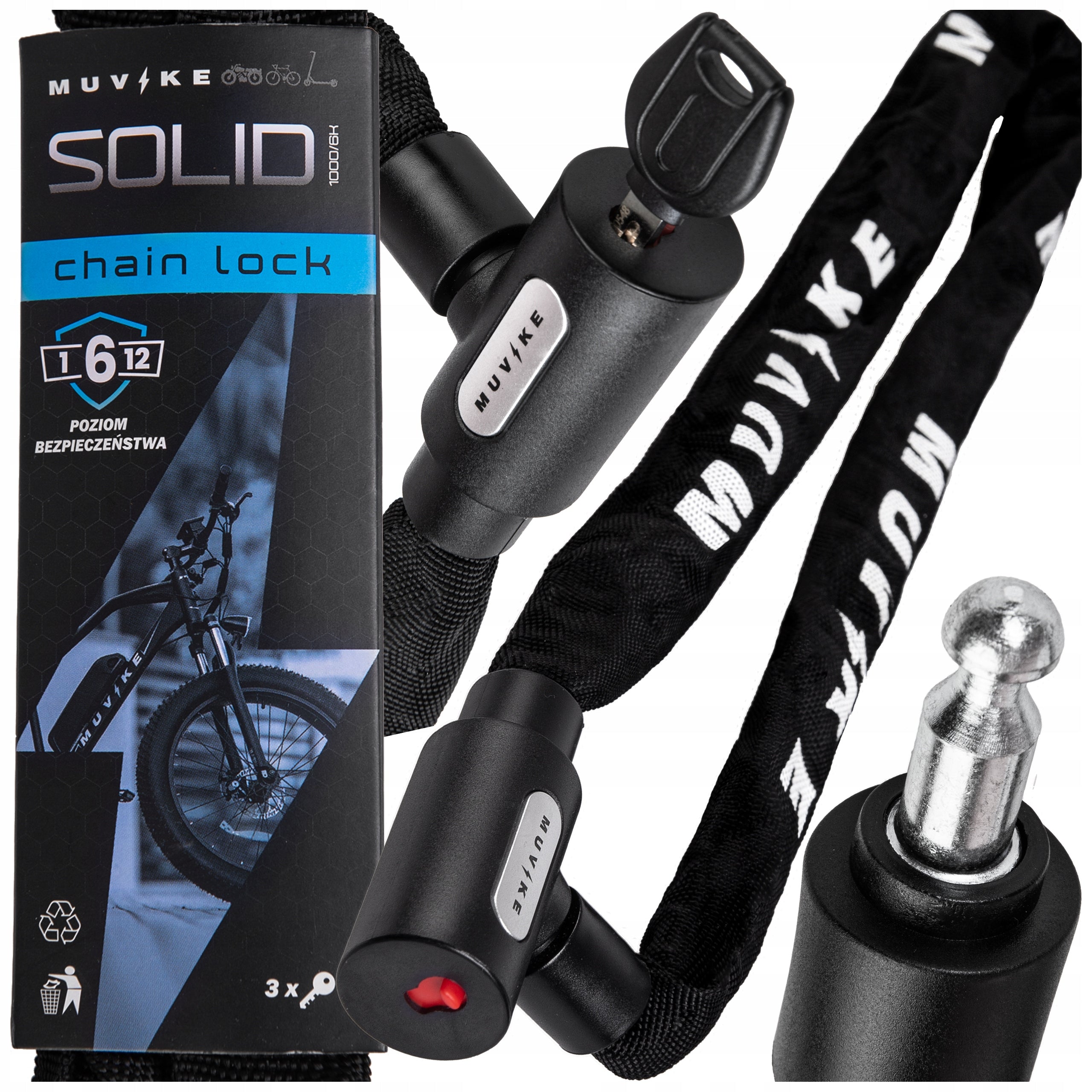 BICYCLE LOCK CHAIN 100cm 6mm WITH KEY LIGHTWEIGHT MUVIKE SOLID 1000/6K