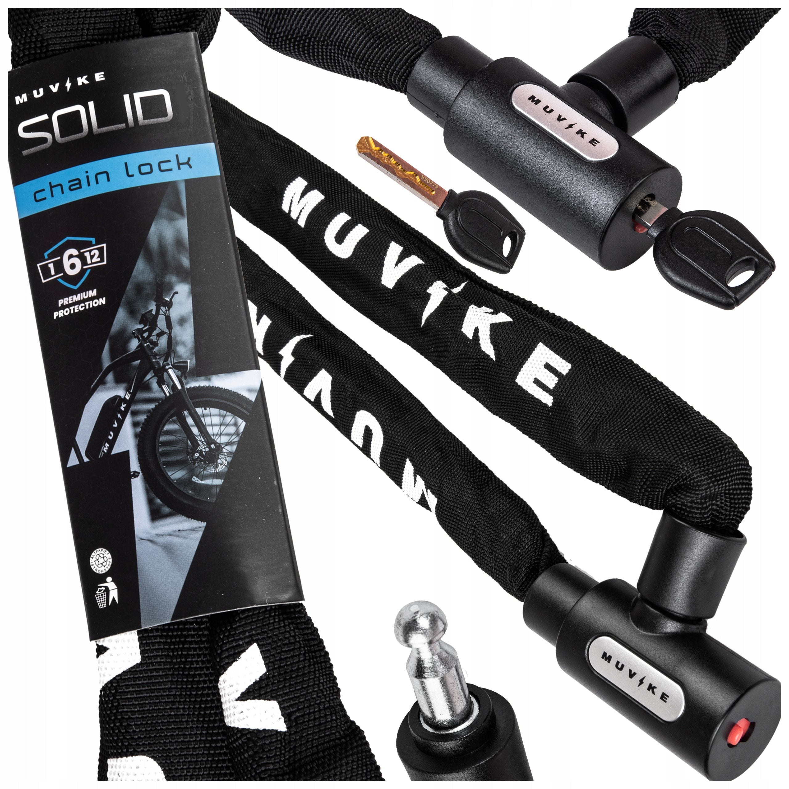 BICYCLE LOCK CHAIN 90cm 6mm WITH KEY LIGHTWEIGHT MUVIKE SOLID 900/6K