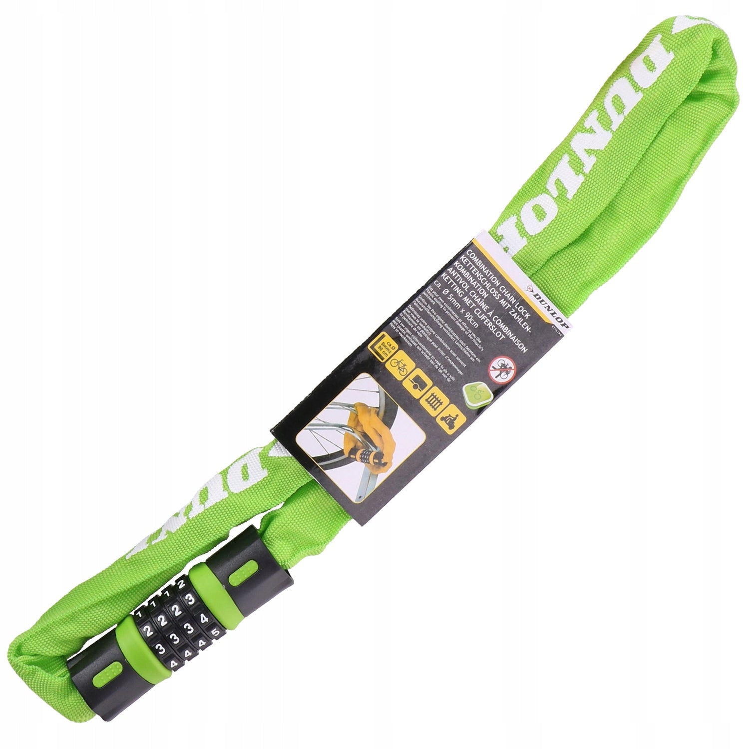 BICYCLE LOCK CODE CIPHER Chain for bicycle DUNLOP Manufacturer code Łańcuch na SZYFR 90cm x Ø 5 mm ZIELONY
