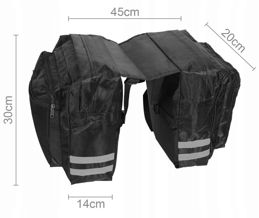 BICYCLE POUCH BAG FOR BIKE RACK DOUBLE LARGE ROOMY + REFLECTORS Capacity 20 l