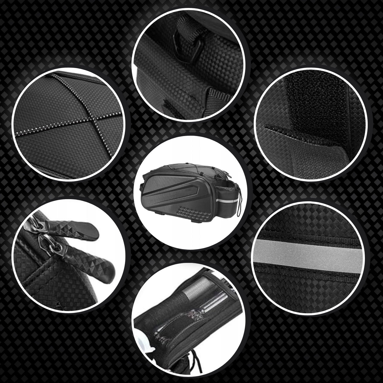 BICYCLE POUCH BAG FOR RACK BICYCLE REFLECTIVE TRUNK CAPACIOUS STIFFENED Model POJEMNA SAKWA NA BAGAŻNIK ROWEROWY