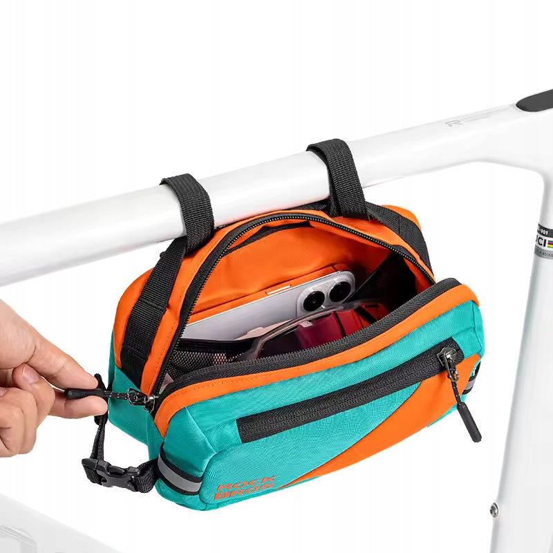 BICYCLE POUCH FOR HANDLEBAR BICYCLE BAG WITH BELT ROOMY 2,5L SACHET Model WIELOFUNKCYJNA SAKWA NA KIEROWNICĘ RAMĘ DUŻA