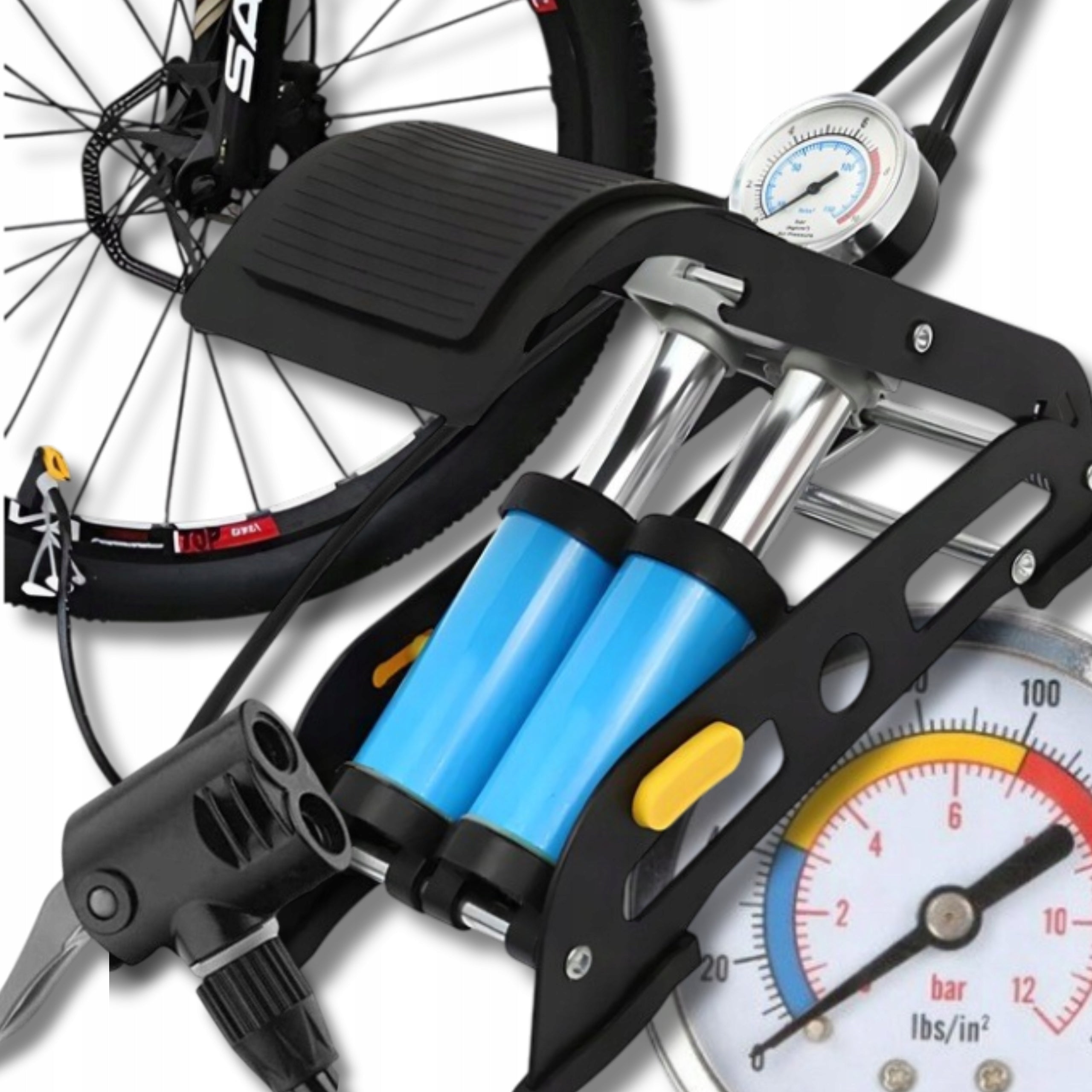 BICYCLE PUMP WITH FOOT PRESSURE GAUGE FOR BICYCLE BALL STRONG WITH CAR HOSE