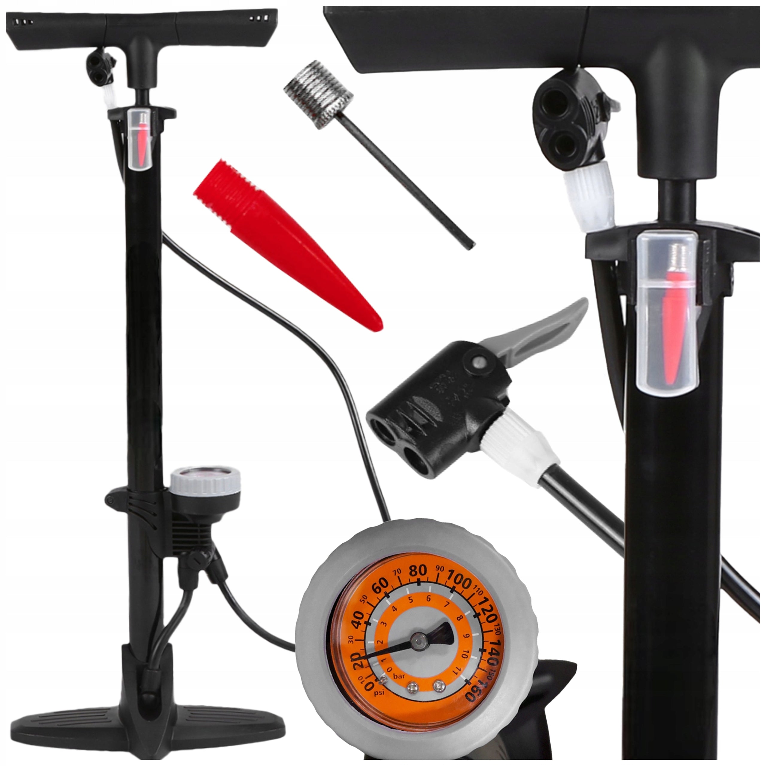 BICYCLE PUMP WITH MANUAL PRESSURE GAUGE FOR BICYCLE CAR BALLS FLOOR Manufacturer code KOŃCÓWKI MANOMETR Z WĘŻYKIEM PRZENOŚNA DUNLOP