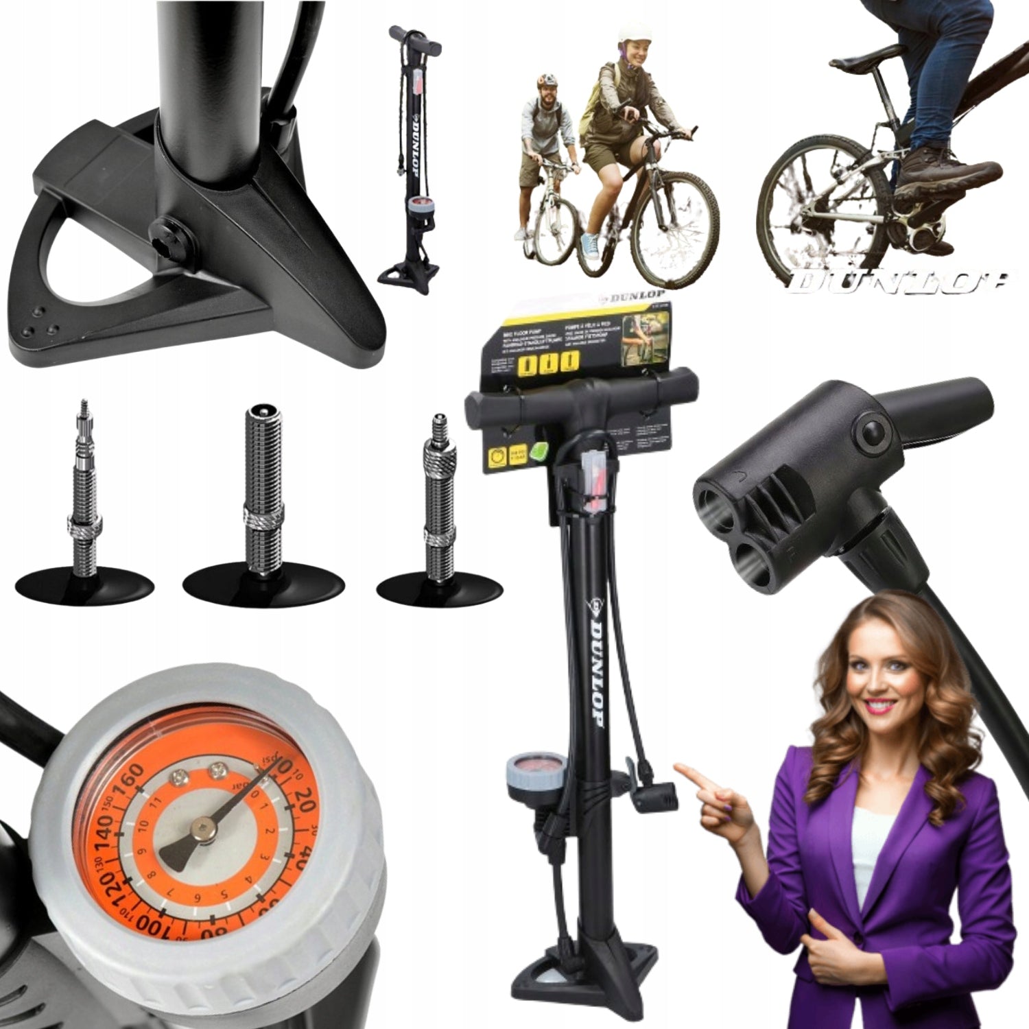 BICYCLE PUMP WITH PRESSURE GAUGE DUNLOP STATIONARY FLOOR + HOSE
