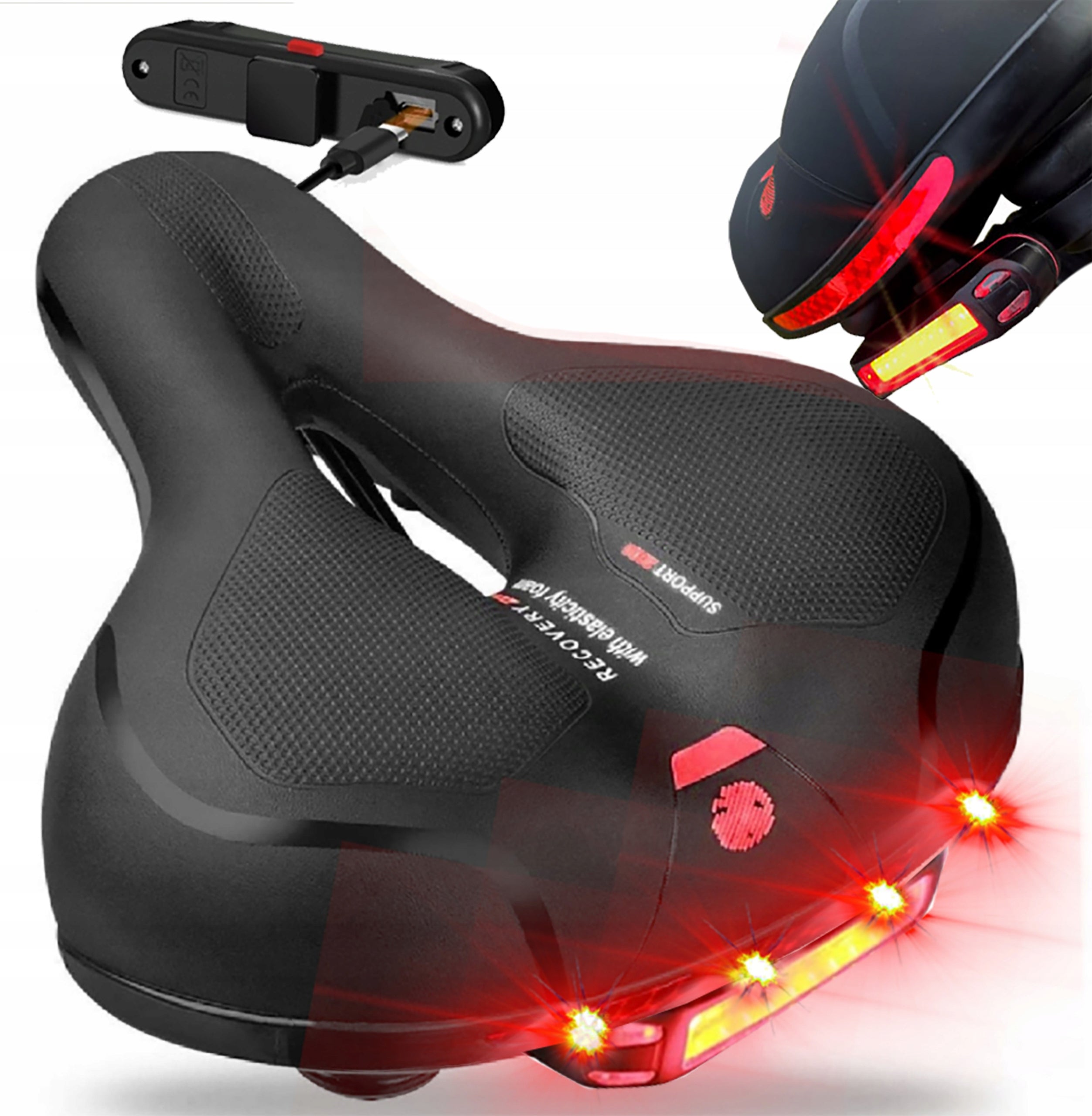 BICYCLE SADDLE COMFORTABLE WOMEN'S MEN'S THICK FOAM + SHOCK ABSORBERS +LAMP Color black
