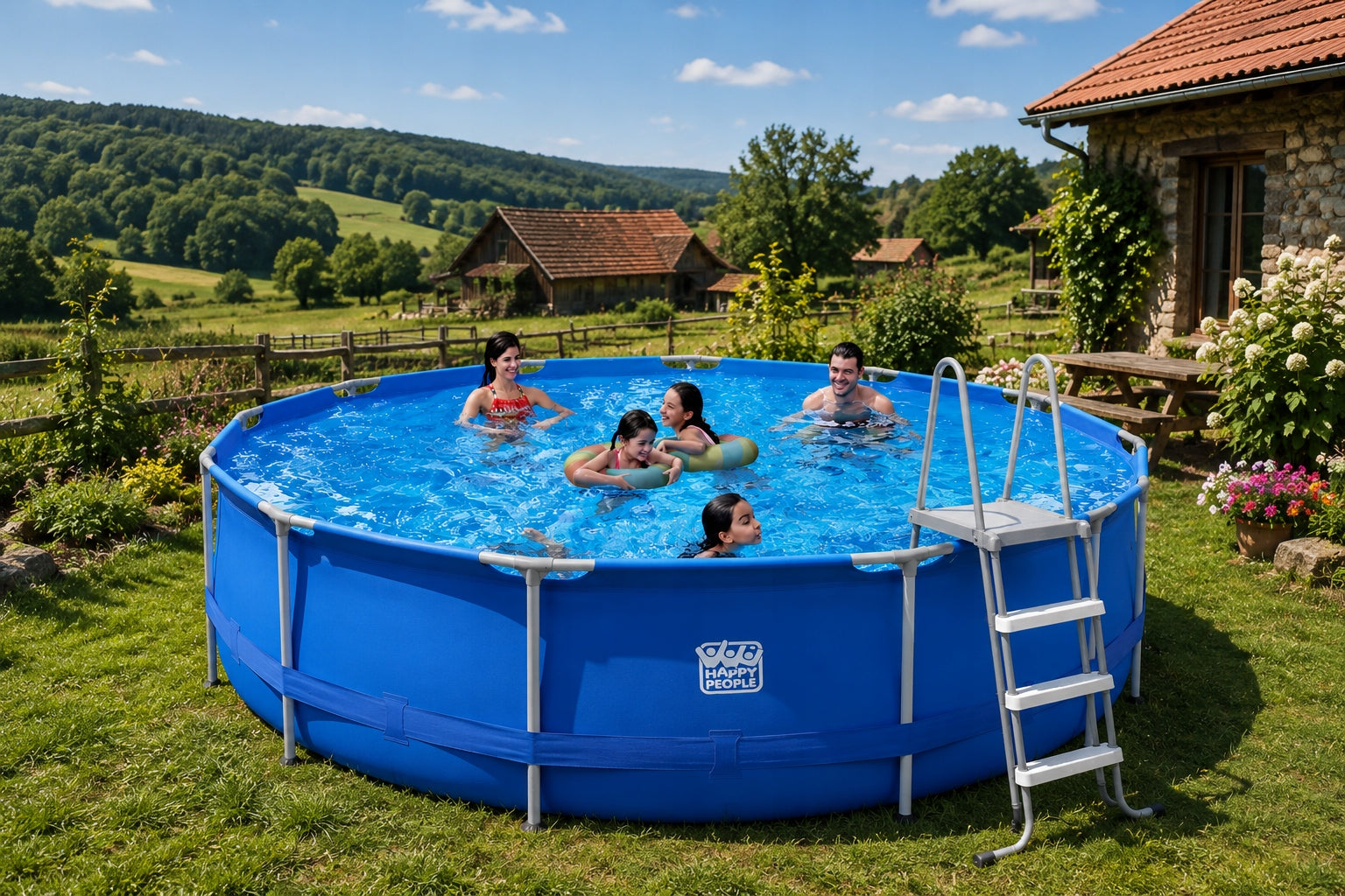 BIG SWIMMING POOL Happy People GARDEN Framed 450x122cm LADDER PUMP MAT Height 122 cm