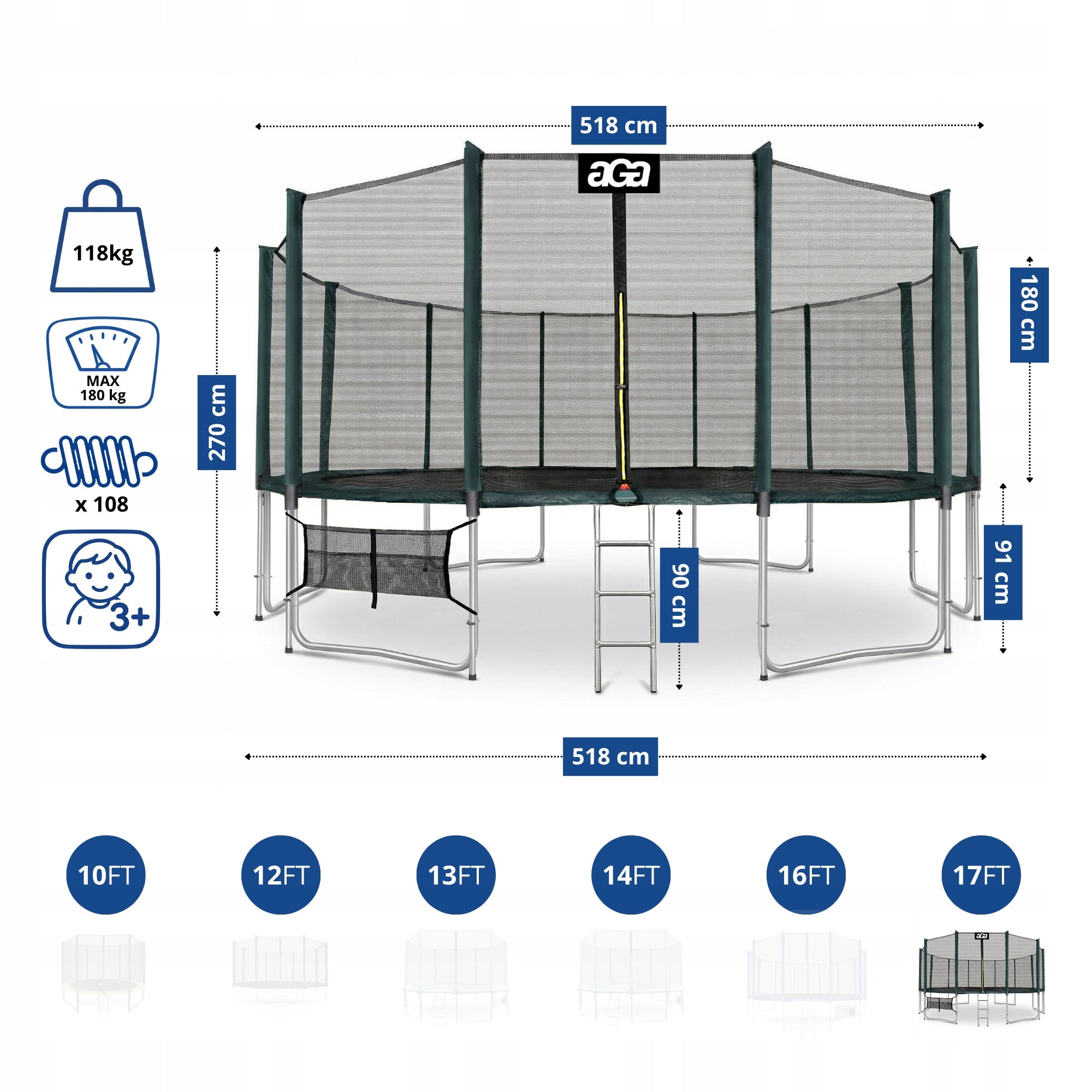 BIGGEST Trampoline on the Market aGa SPORT PRO 518cm 17ft Green DG PREMIUM Kid's age 3＋ years