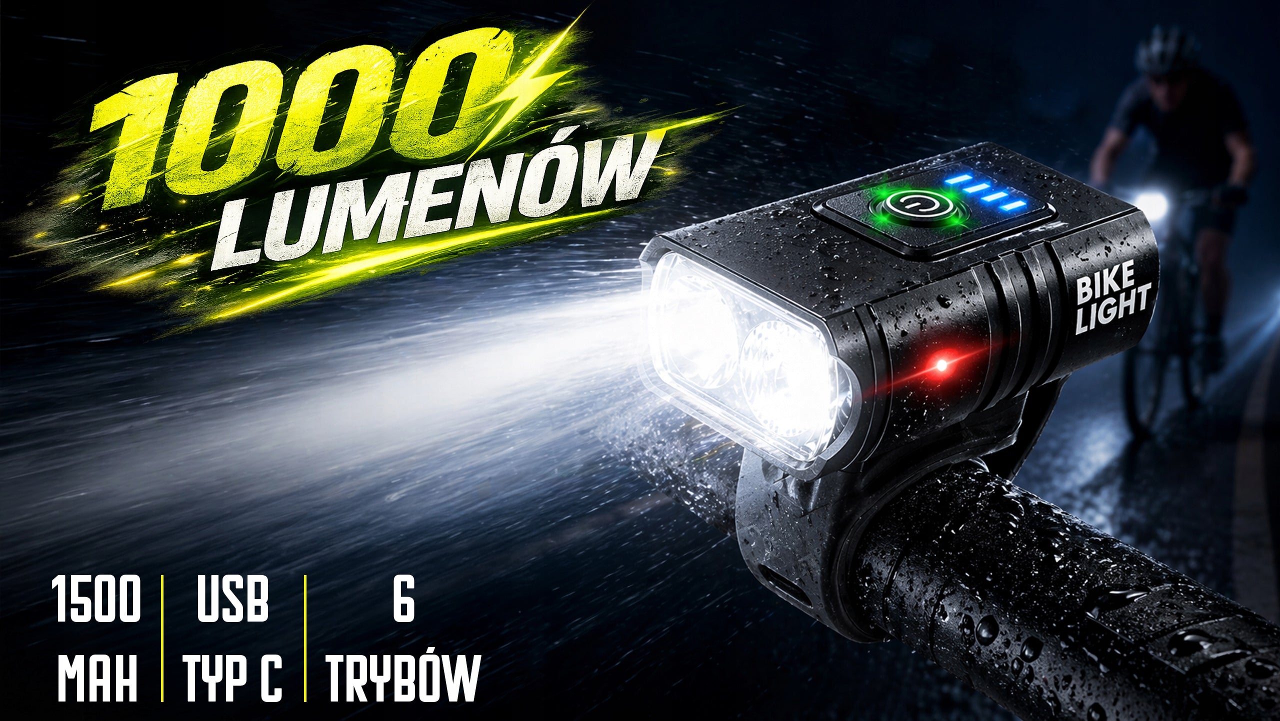 BIKE LIGHT 1000 LUMENS 1500 mAH FRONT USB TYPE C WATERPROOF STRONG Packaging status original