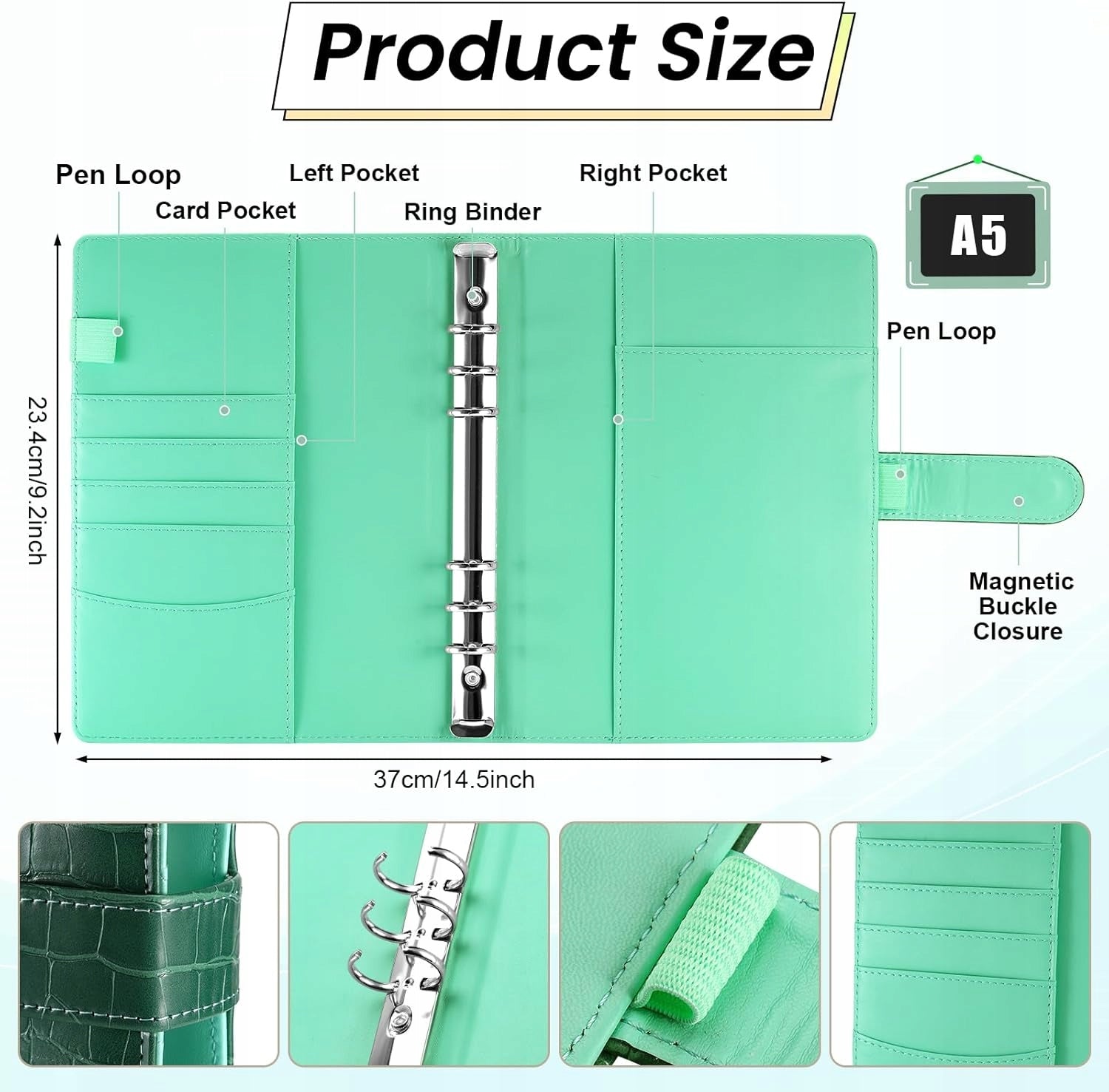 BINDER A5 RING NOTEBOOK ORGANIZER PLANNER LEATHER GREEN Brand no brand