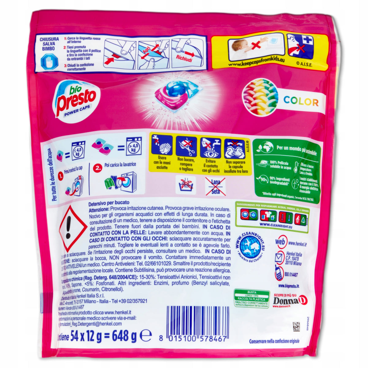 BIO PRESTO Power Caps Color – Colour Washing Capsules | 54 pcs (54×12g) Packaging status original