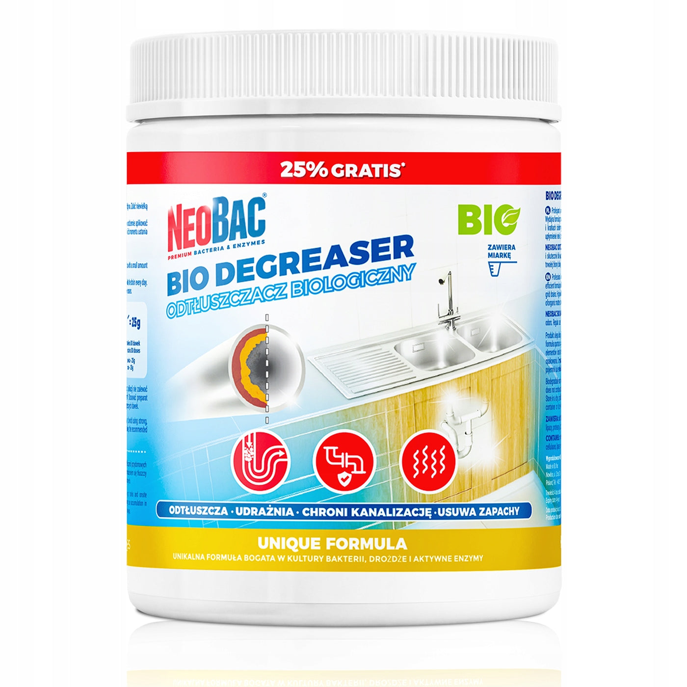 BIOLOGICAL degreaser for PIPES NeoBac SEPTIC TANK REMOVES FAT CONGESTION 750g Manufacturer code NeoBac odtłuszczacz
