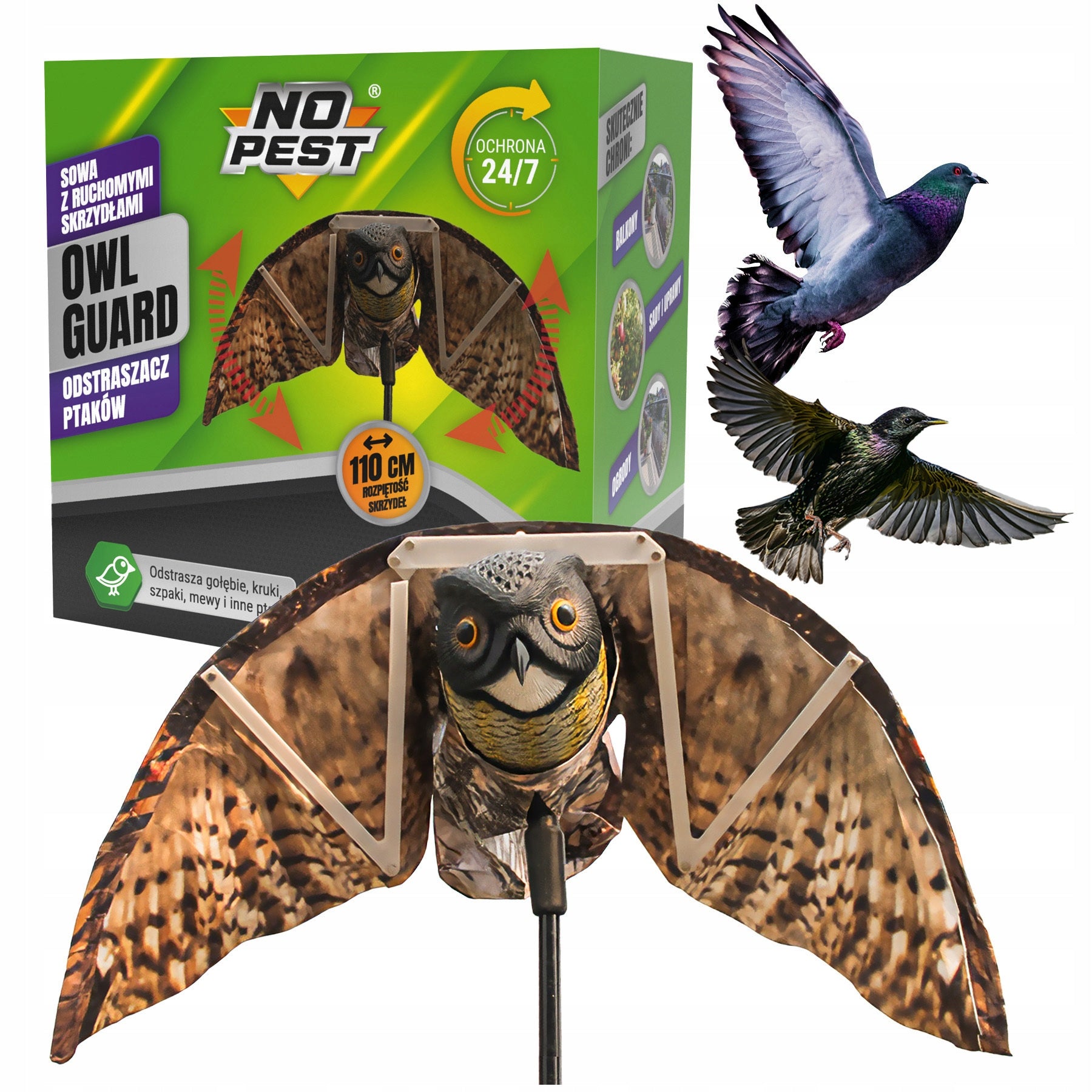 BIRD REPELLENT PIGEON STARLINGS SEAGULL OWL WITH MOVABLE WINGS NO PEST