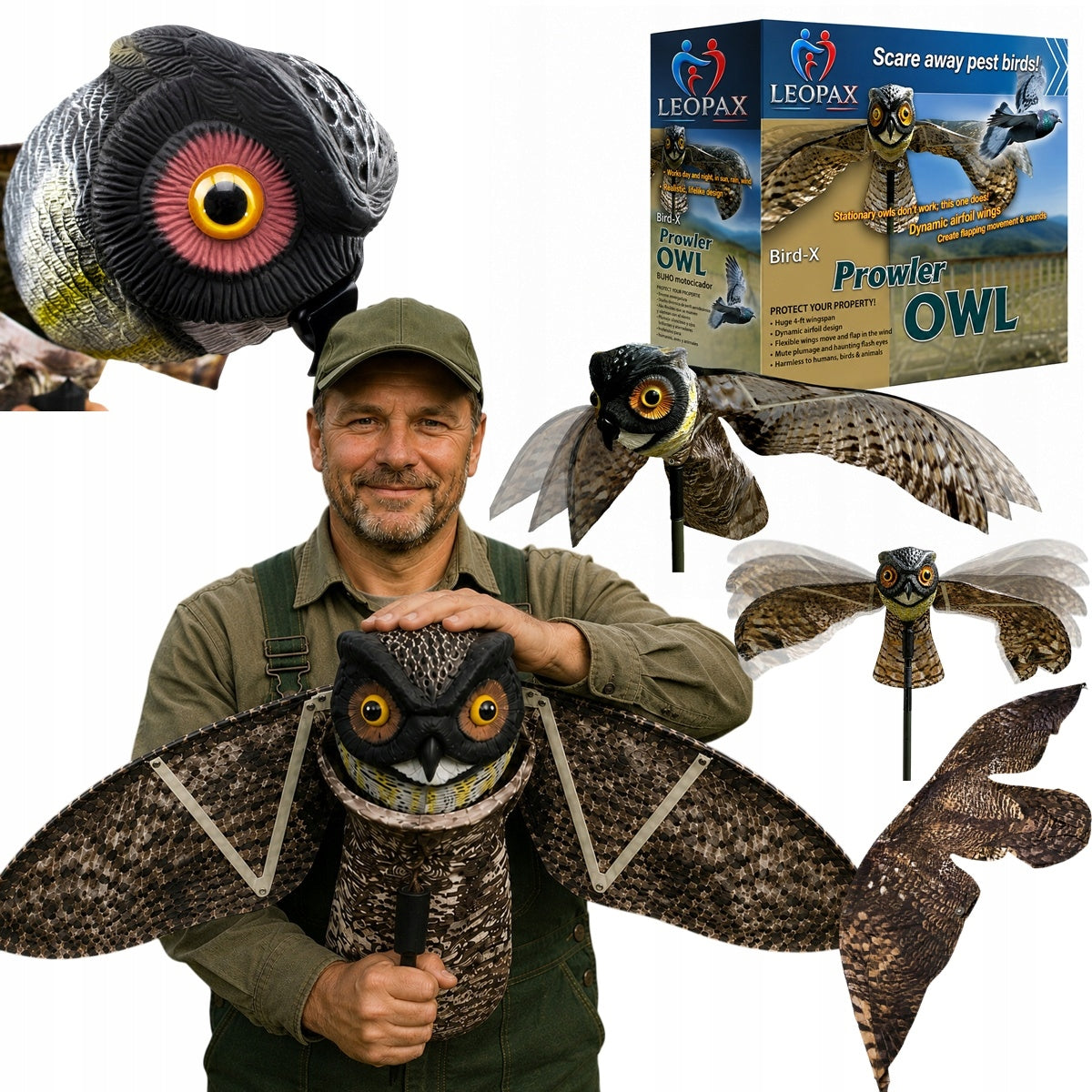 BIRD REPELLENT STARLING PIGEON GULL OWL WITH MOVABLE WINGS EAGLE