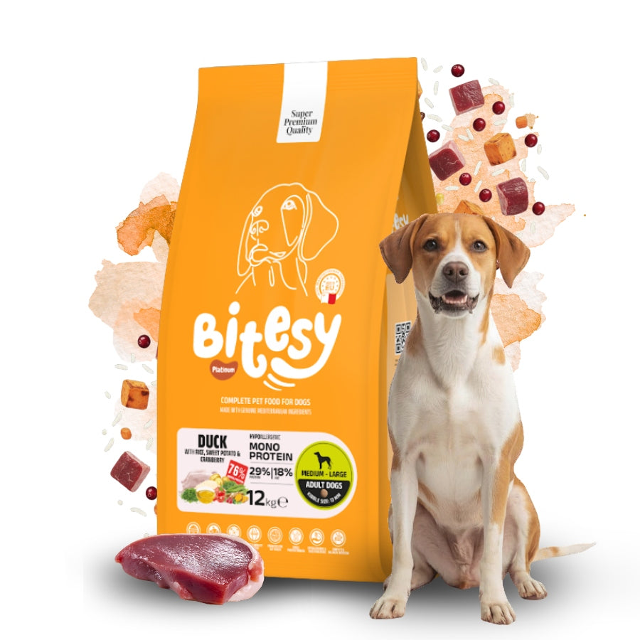BITESY Platinum Dry Dog Food Duck Rice High Protein Batat 12kg