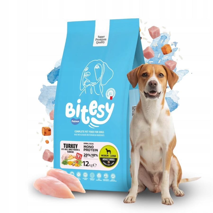 BITESY Platinum Dry Dog Food Turkey Rice High Protein Batat 12kg