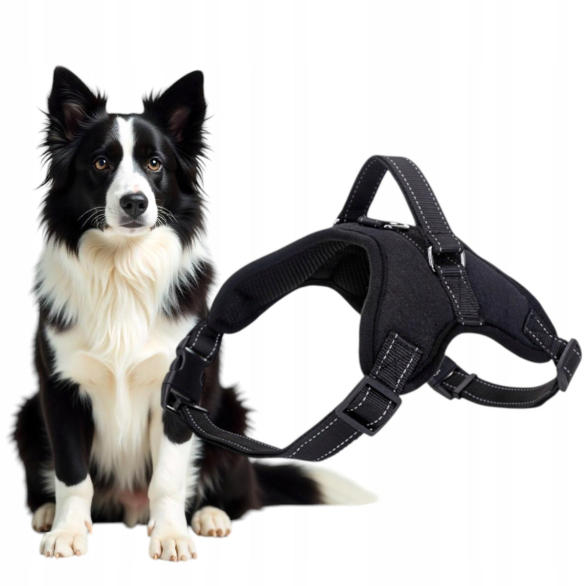 BLACK ADJUSTABLE DOG WALKING HARNESS BREATHABLE HANDLE SIZE M