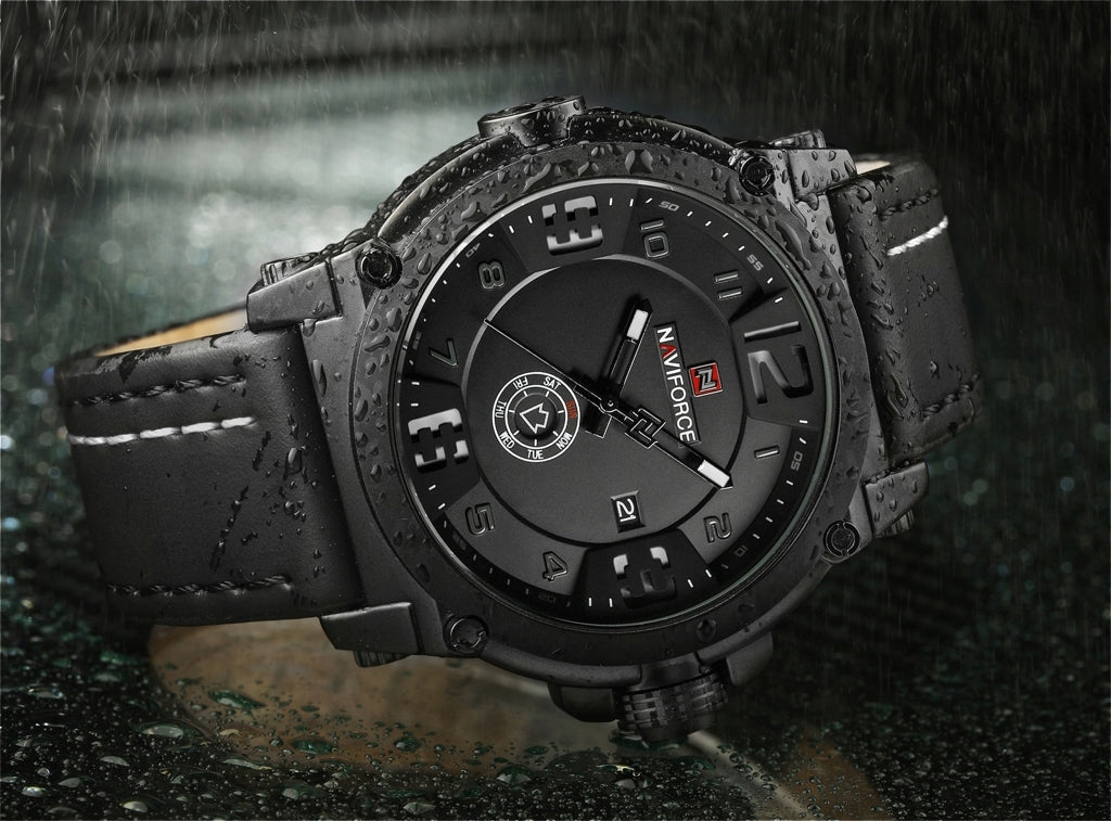 BLACK LEATHER MEN'S WRISTWATCH SPORTS MILITARY FOR GUY LEATHER Brand Naviforce