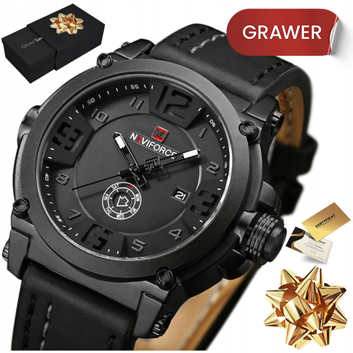 BLACK LEATHER MEN'S WRISTWATCH SPORTS MILITARY FOR GUY LEATHER