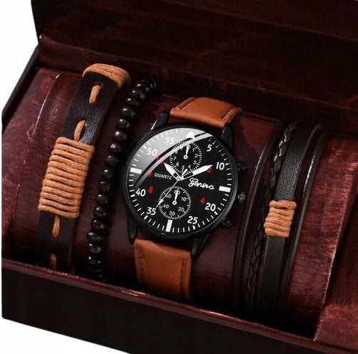 BLACK MEN'S WATCH ELEGANT, Strap Brown Bracelet Set Beads