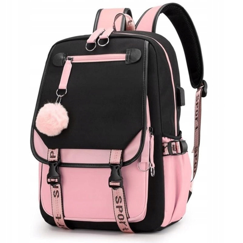 BLACK PINK SCHOOL BACKPACK WITH POMPOM AND USB