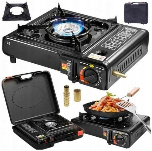 BLACK PORTABLE TOURIST COOKER FOR CYLINDERS AND GAS CARTRIDGE IN SUITCASE