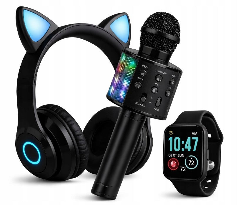 BLACK SMARTWATCH INCLUDED 3in1 WITH KARAOKE MICROPHONE + LED HEADPHONES
