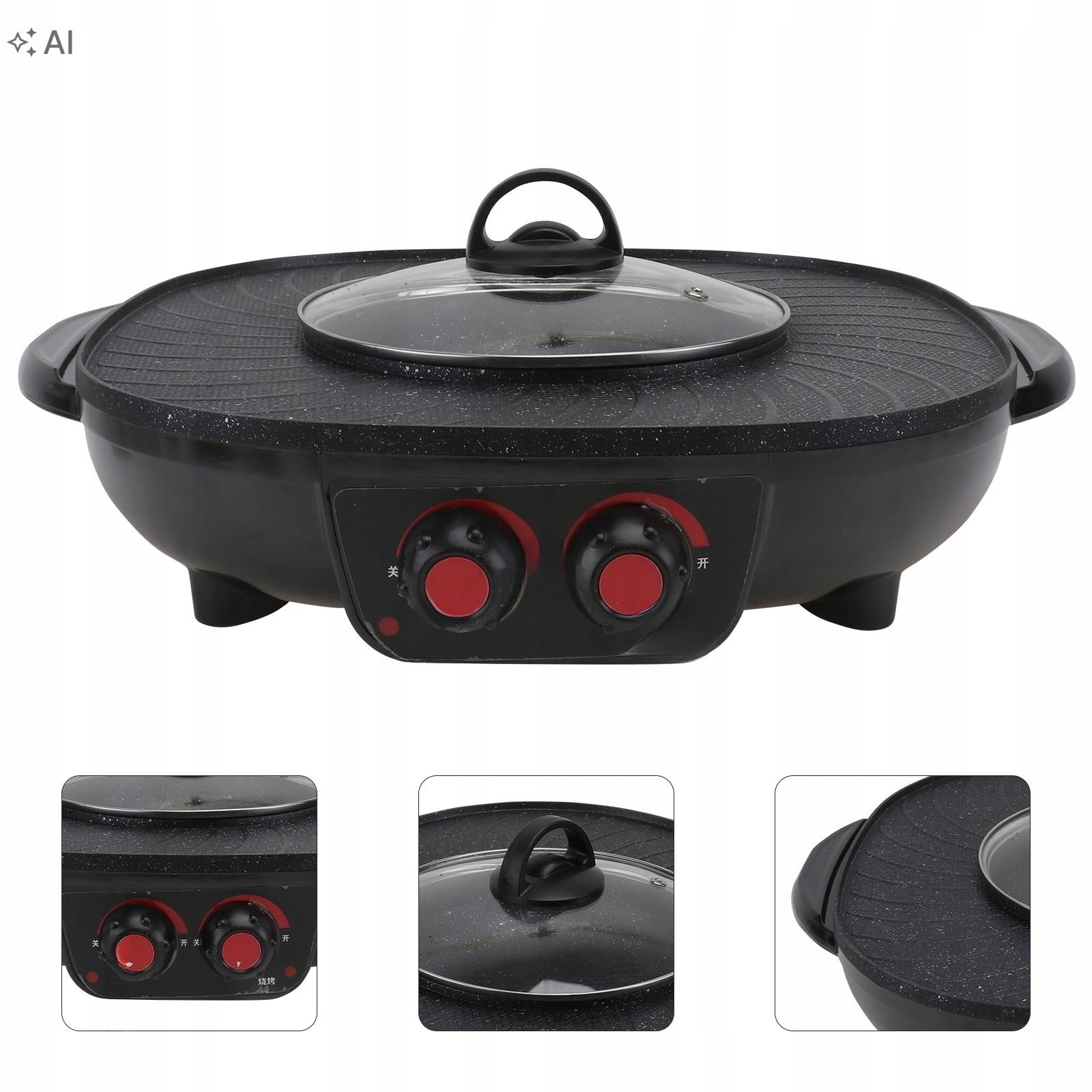 BLACK SMOKELESS HOT POT COOKWARE WITH NON-STICK IRON PAN AND GLASS LID Dominant color black