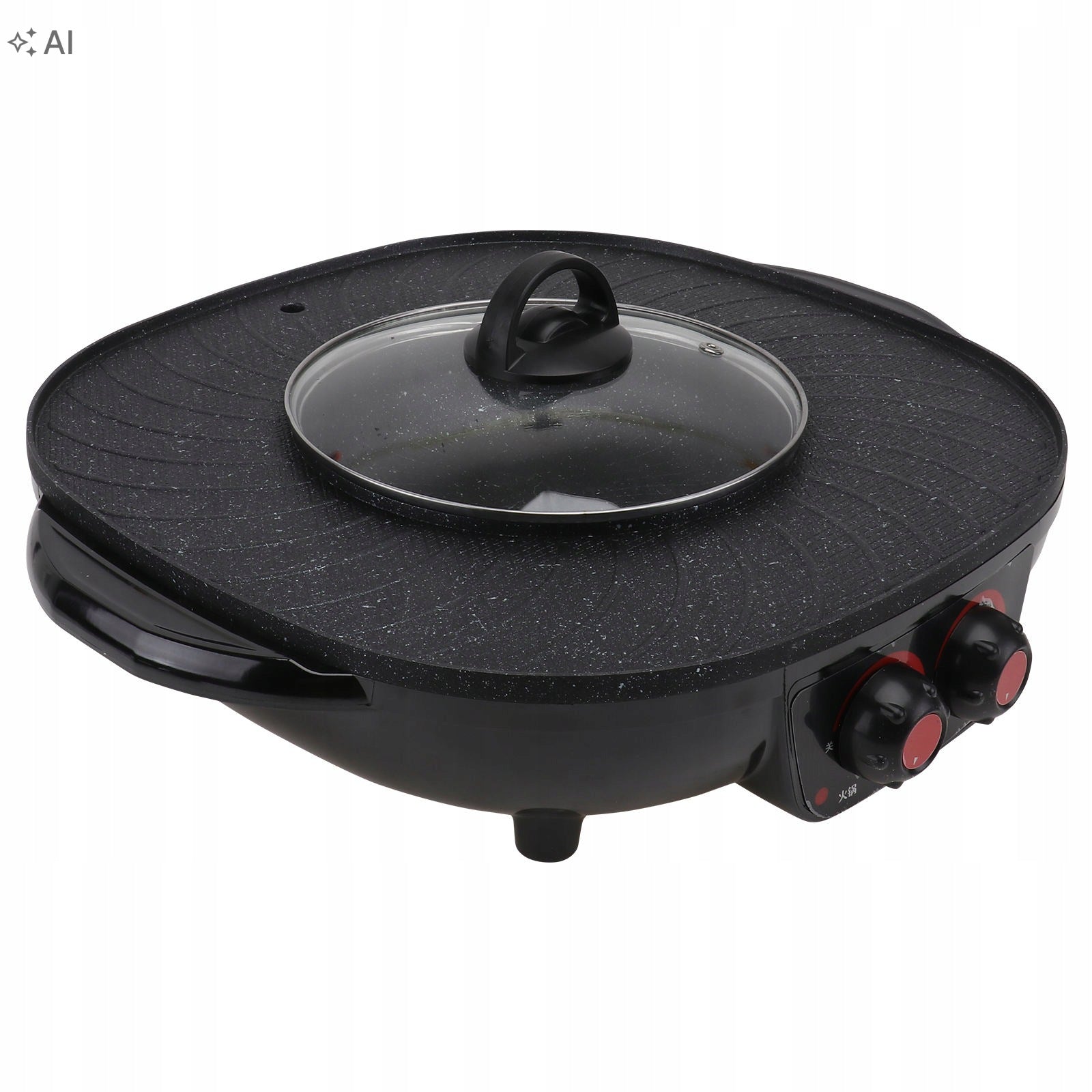 BLACK SMOKELESS HOT POT COOKWARE WITH NON-STICK IRON PAN AND GLASS LID