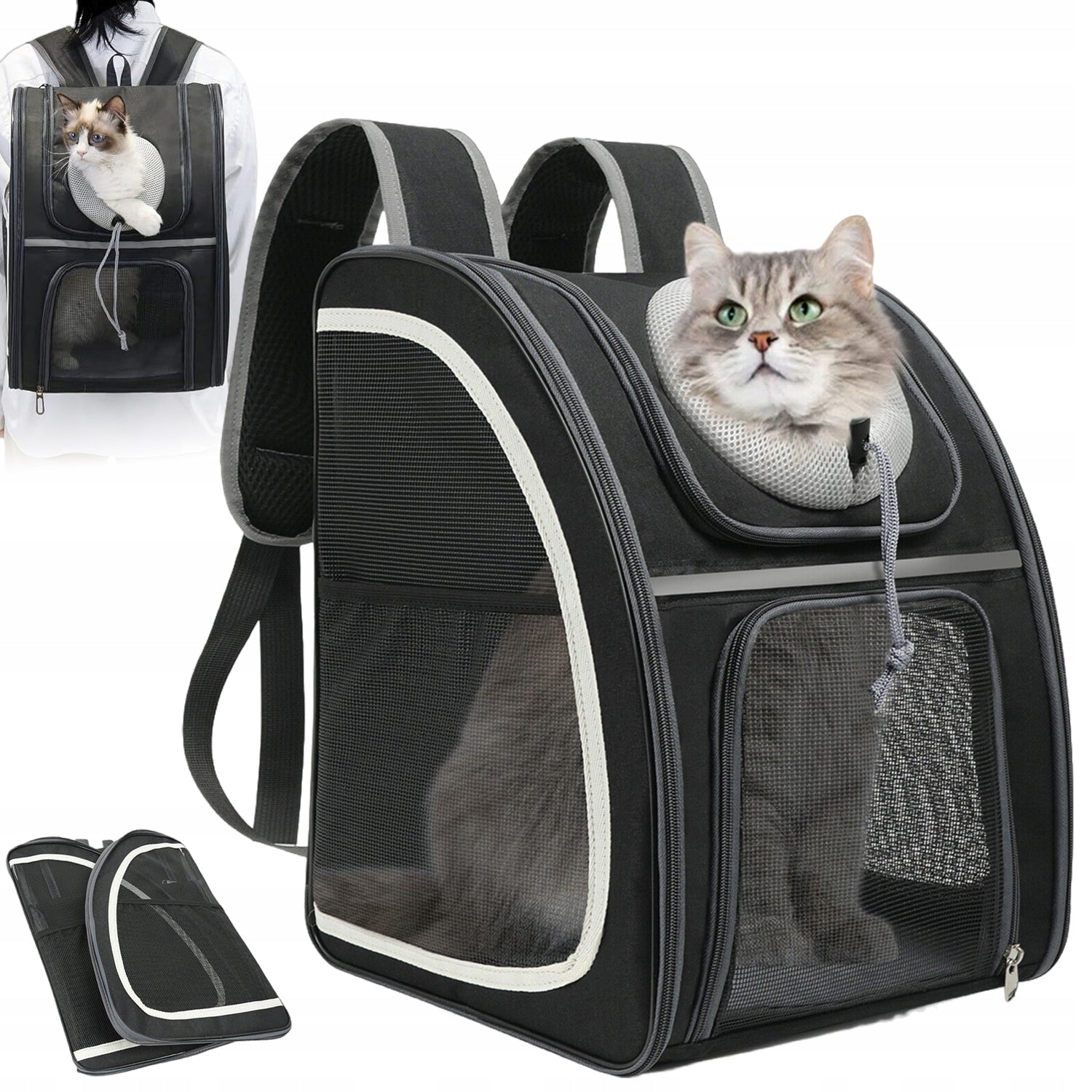BLACK TRANSPORTER RABBIT CAT DOG BACKPACK FOLDING POCKETS UP TO 9KG