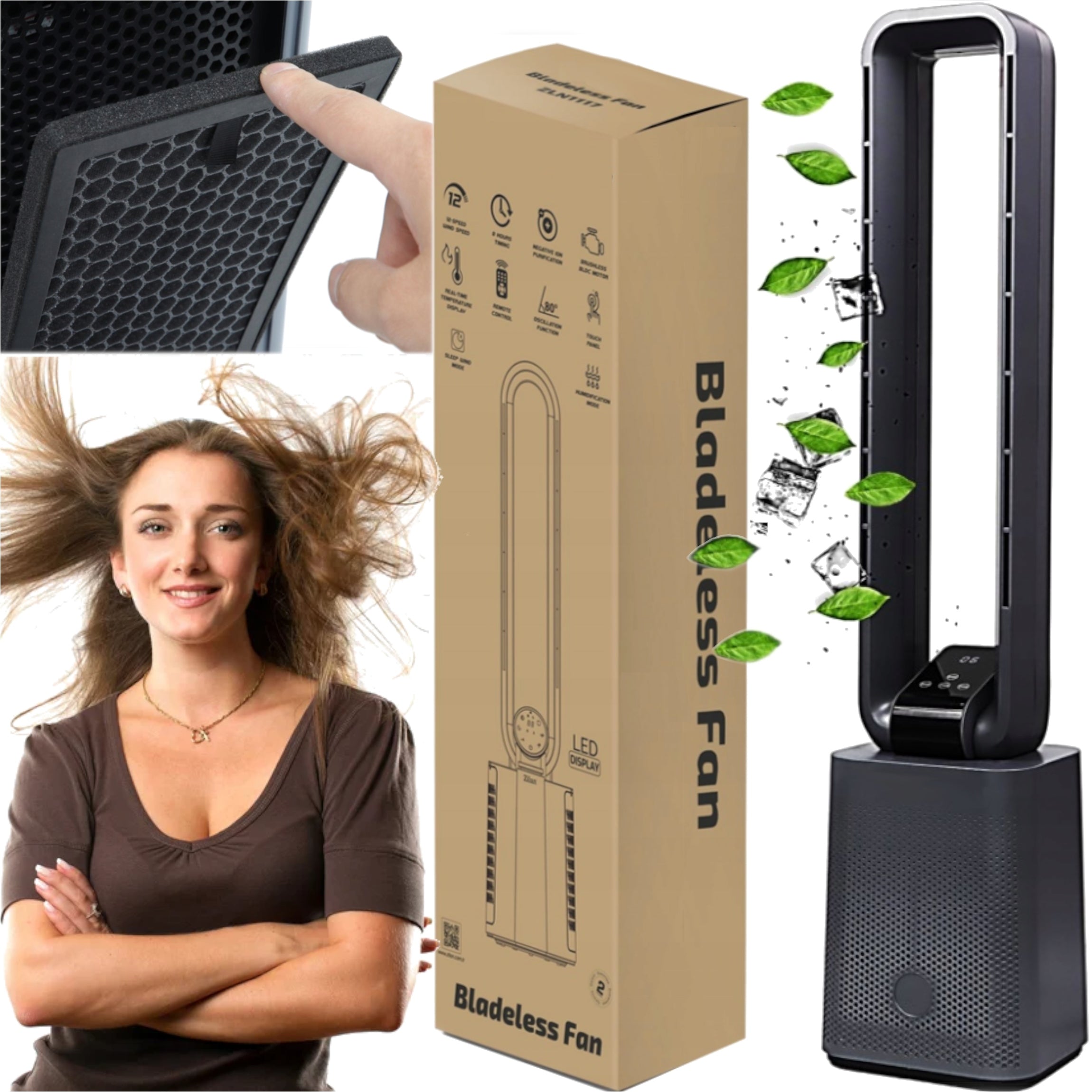 BLADELESS COLUMN FAN POWERED BY REMOTE CONTROL 12 MODES + OSCILLATION
