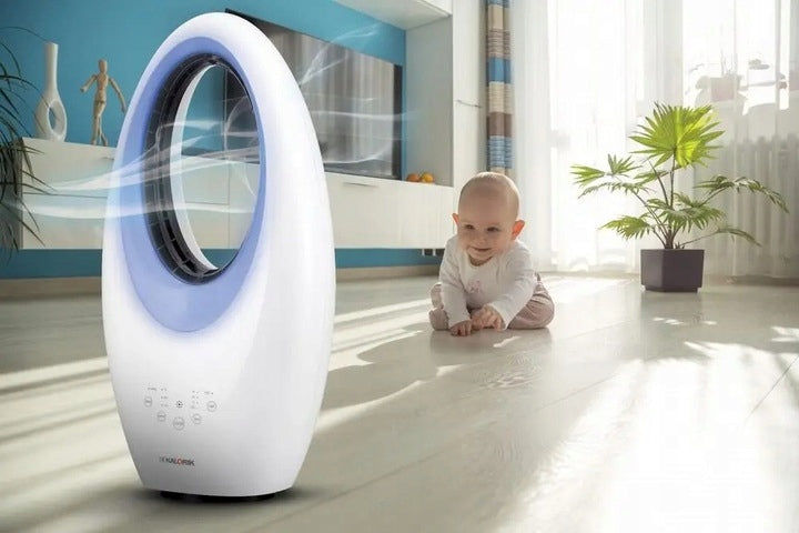 BLADELESS FLOOR FAN OSCILLATION TIMER REMOTE CONTROL LED LIGHTING Dominant color white