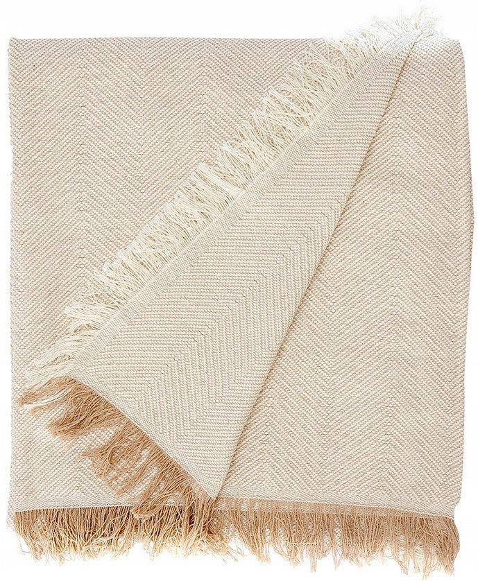 BLANKET CREAM BEIGE 180X260 HERRINGBONE NATURAL COTTON WITH FRINGES