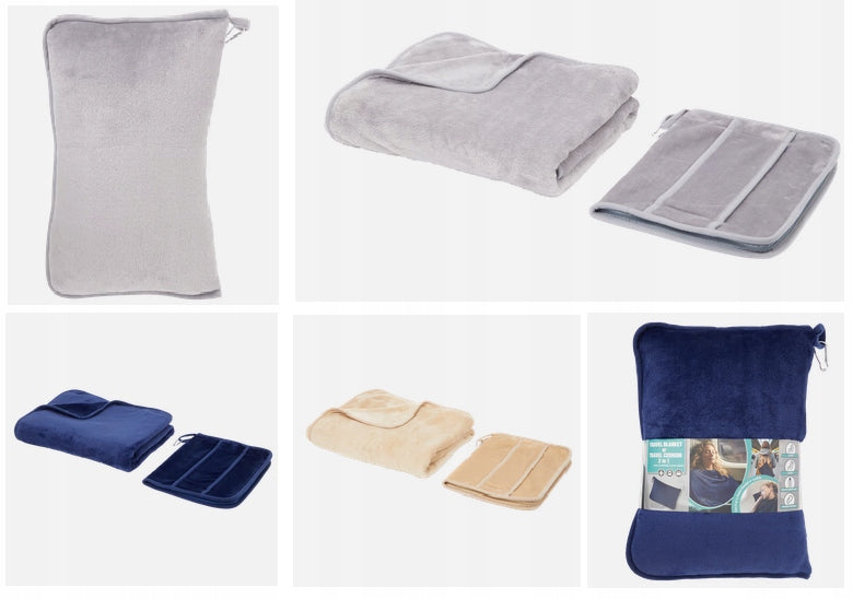 BLANKET TRAVEL PILLOW FOR AIRPLANE CAR 2IN1 FLEECE 160X100 GREY Packaging status original