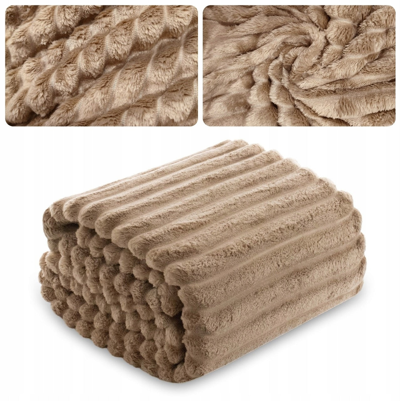 BLANKET bedspread with stripes embossed kapa plaid 160x200 DARK BEIGE NUVIO