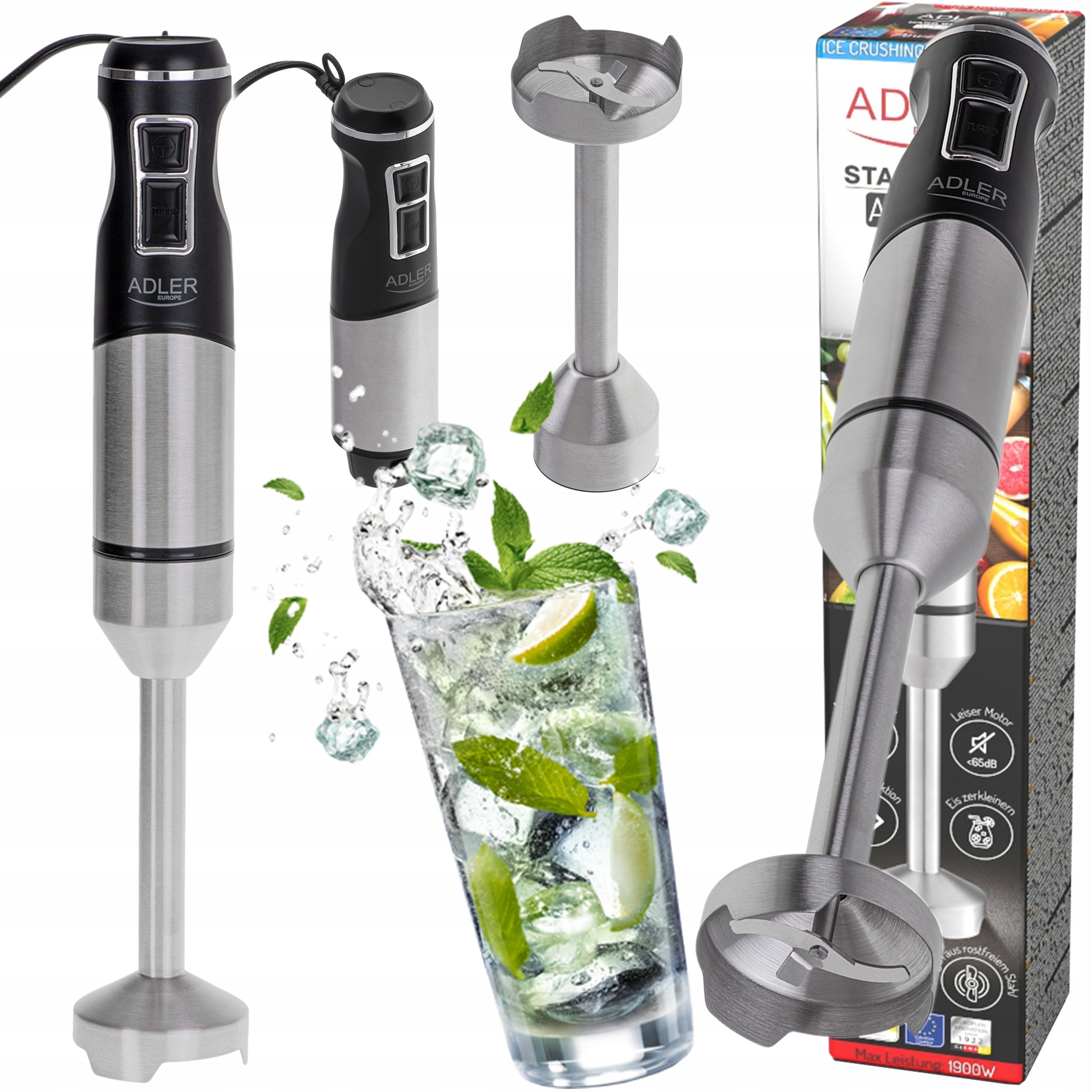 BLĘDER MANUAL TURBO MIXER STRONGEST 1900W CRUSHES ICE XL ADLER BLACK