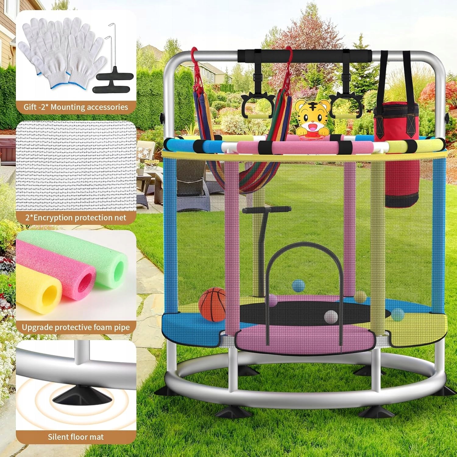 BLINWORLD Children's Trampoline 140 cm With Mesh For Interior And Garden Total height 140 cm