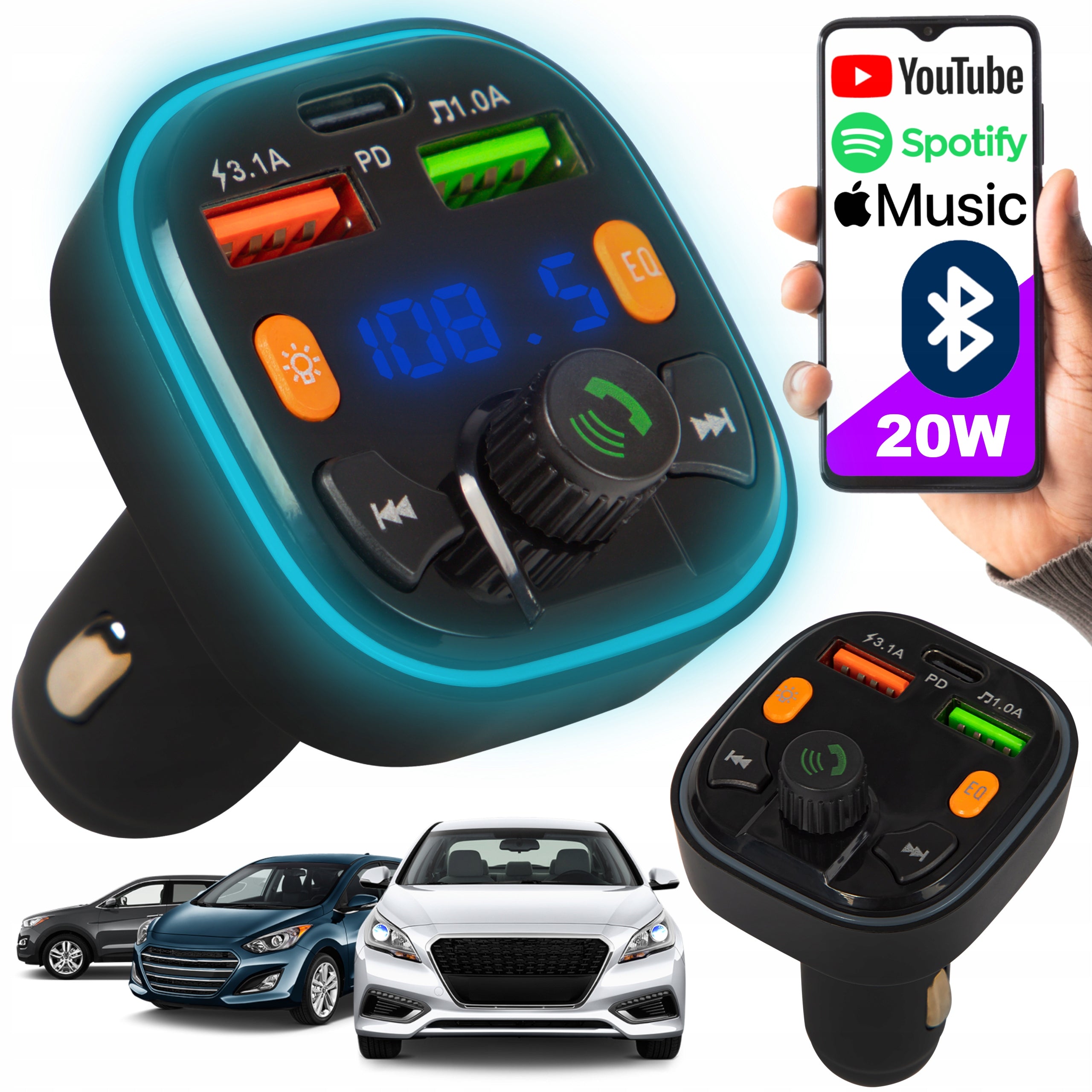 BLUETOOTH 5.0 FM TRANSMITTER QC 3.0 PD 20W RGB 2x USB USB-C CHARGER