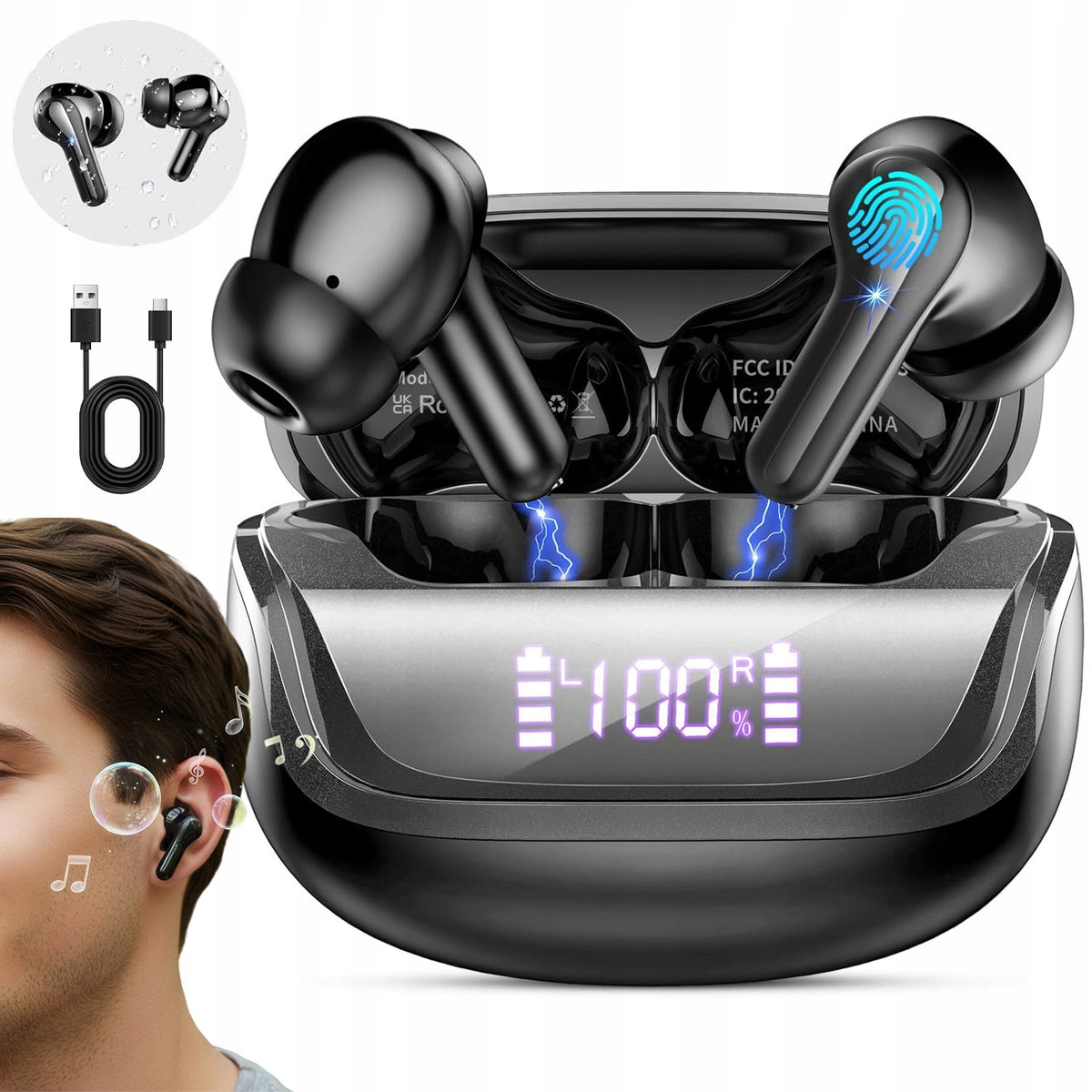 BLUETOOTH 5.4 WIRELESS EARBUDS BLACK WATERPROOF IP7
