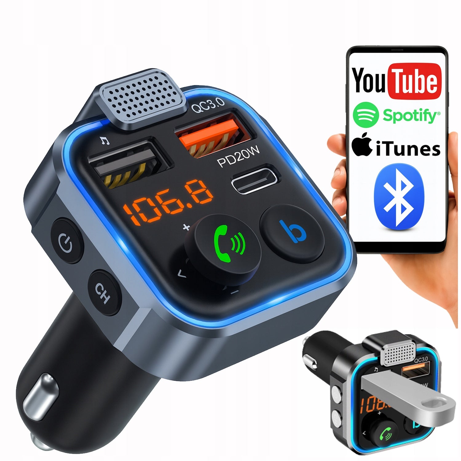 BLUETOOTH AUDIO TRANSMITTER FM MP3 BT FAST CHARGER 3X USB QC 3.0 RGB
