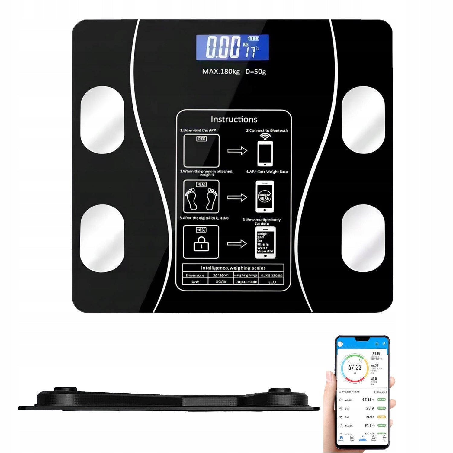 BLUETOOTH BATHROOM SCALE WITH LCD DISPLAY AND PRESSURE SENSORS