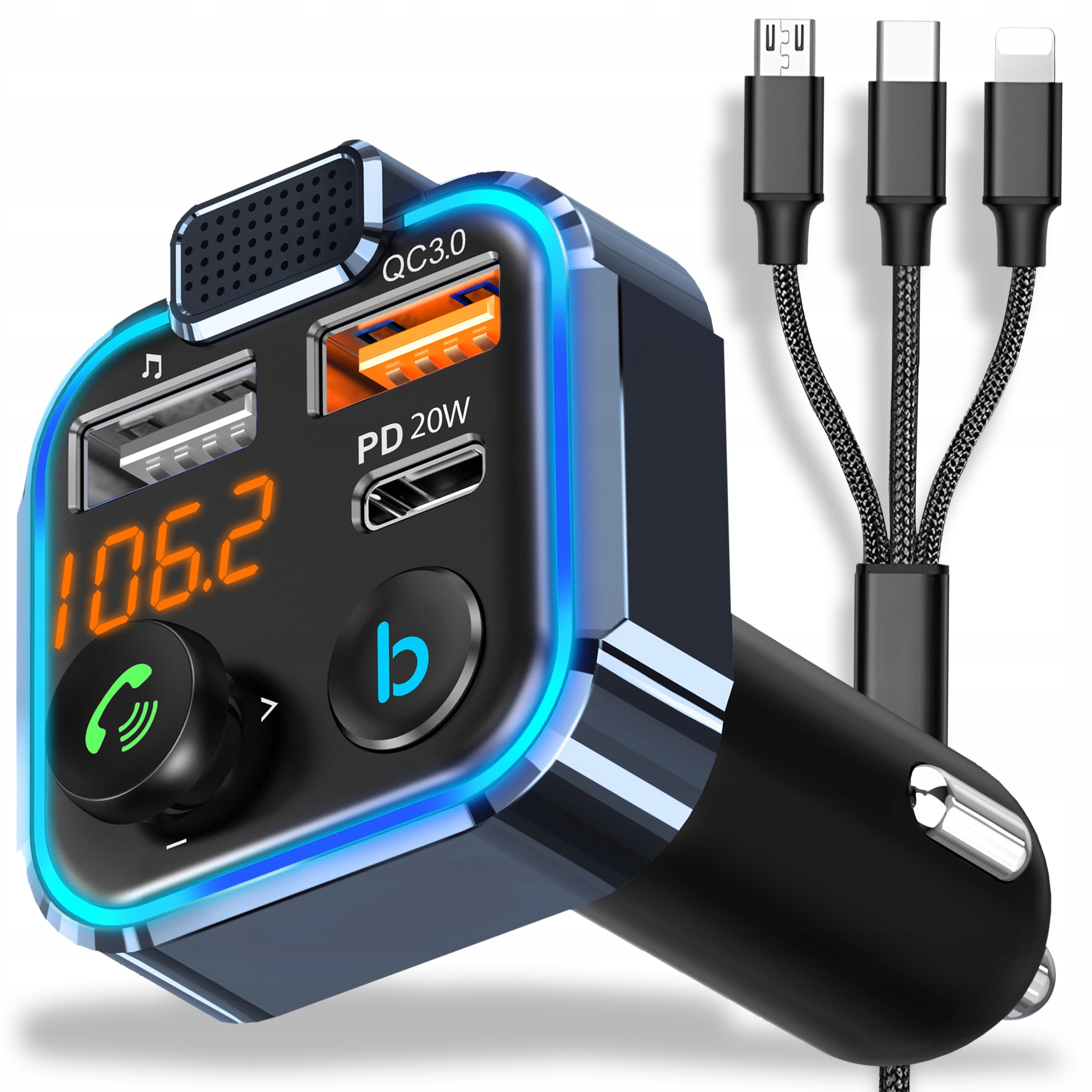 BLUETOOTH CAR FM TRANSMITTER 3x USB ADAPTER FAST MP3 RGB CHARGER Manufacturer code 5908076554050