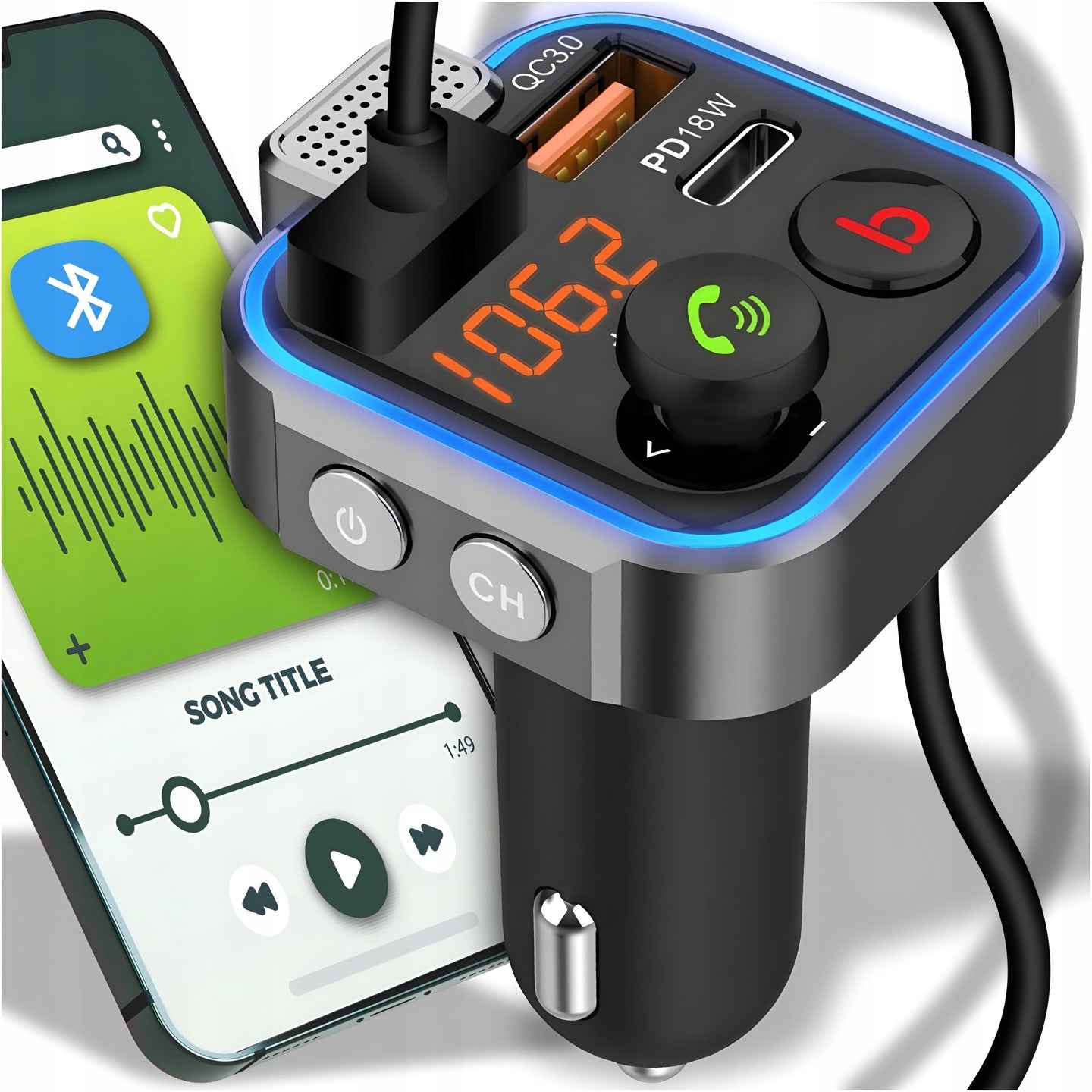 BLUETOOTH CAR FM TRANSMITTER 3x USB ADAPTER FAST MP3 RGB CHARGER Packaging status original
