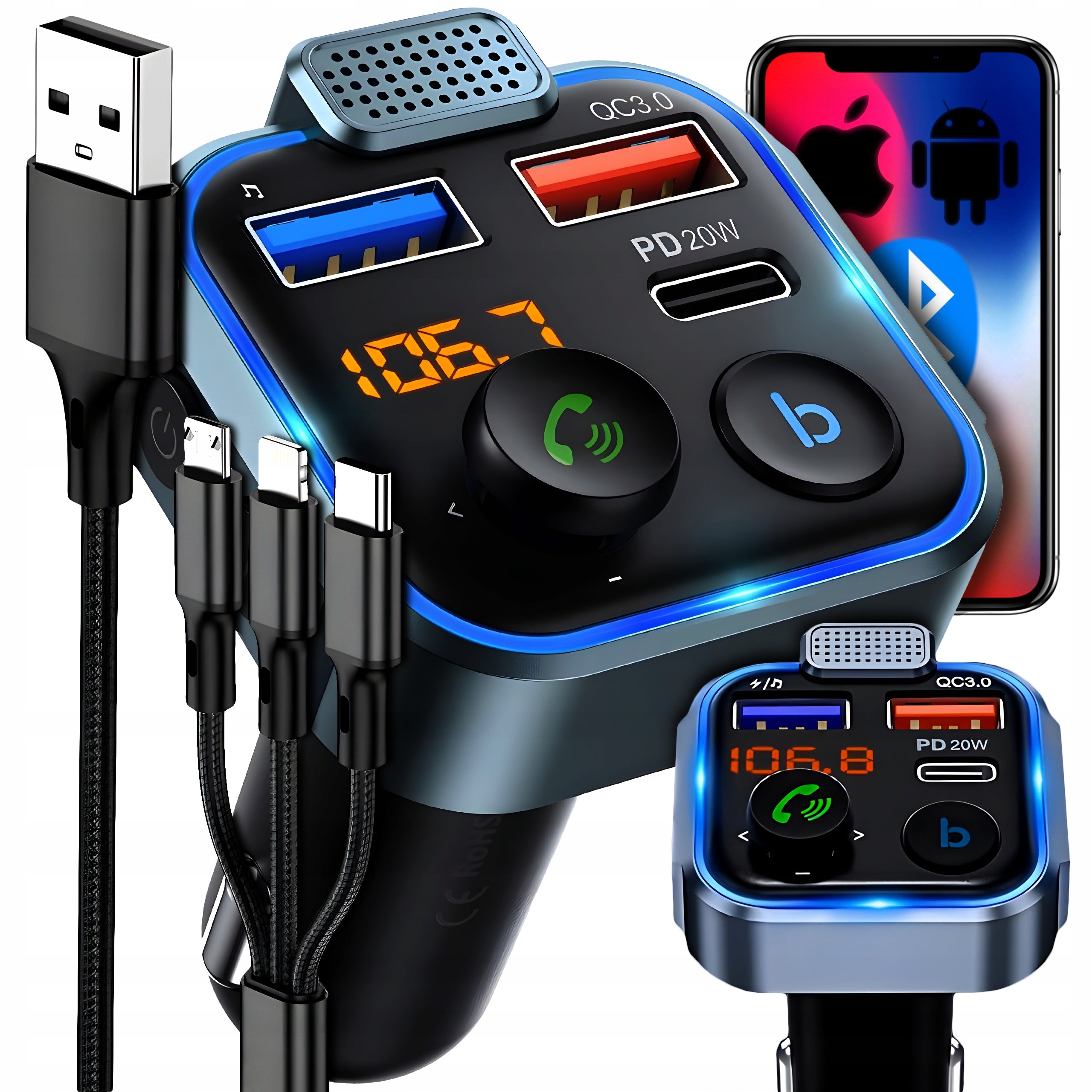 BLUETOOTH CAR FM TRANSMITTER 3x USB ADAPTER FAST MP3 RGB CHARGER