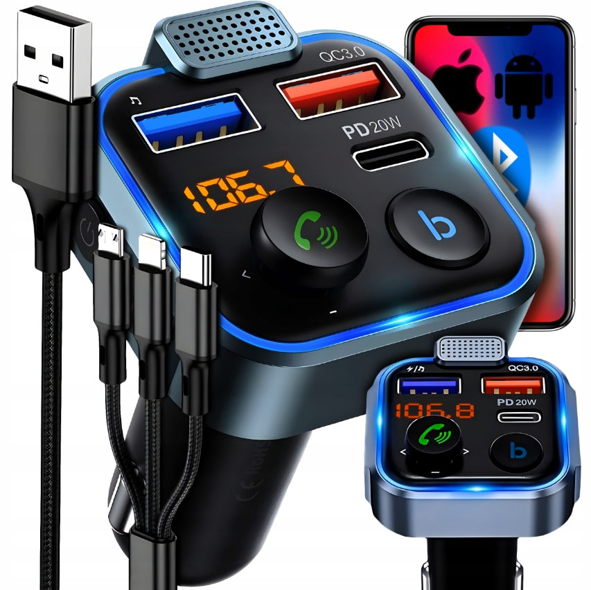 BLUETOOTH CAR FM TRANSMITTER 3x USB ADAPTER FAST MP3 RGB CHARGER