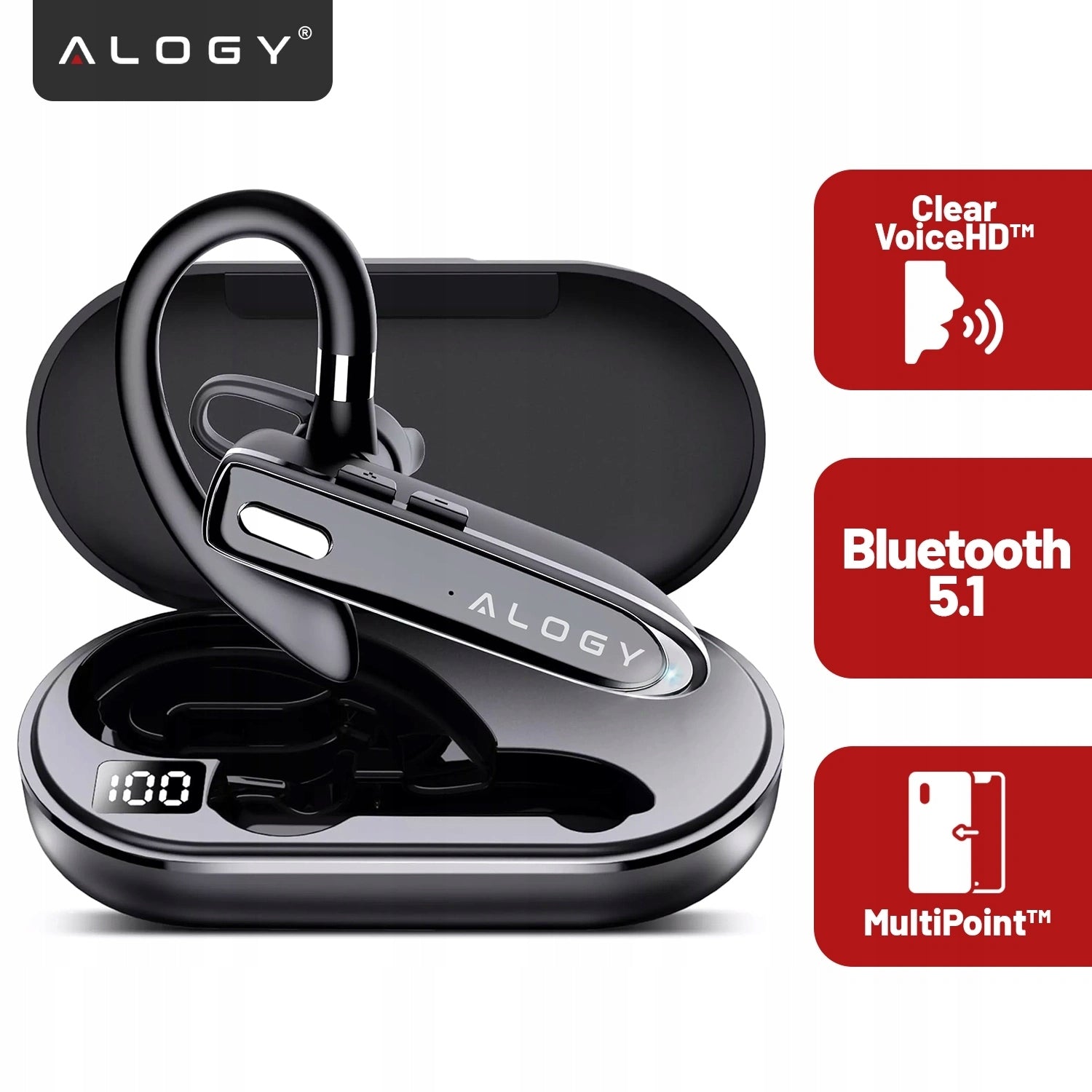 BLUETOOTH HEADSET 5.1 ALOGY WIRELESS HEADSET 12H TALK Model Bezprzewodowa słuchawka Bluetooth z etui