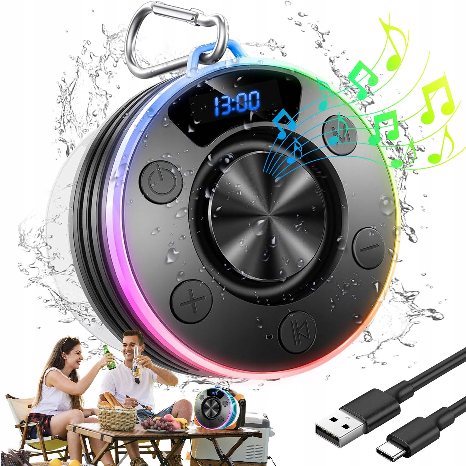 BLUETOOTH SHOWER SPEAKER IPX7 LED CLOCK RGB HOOK WATERPROOF