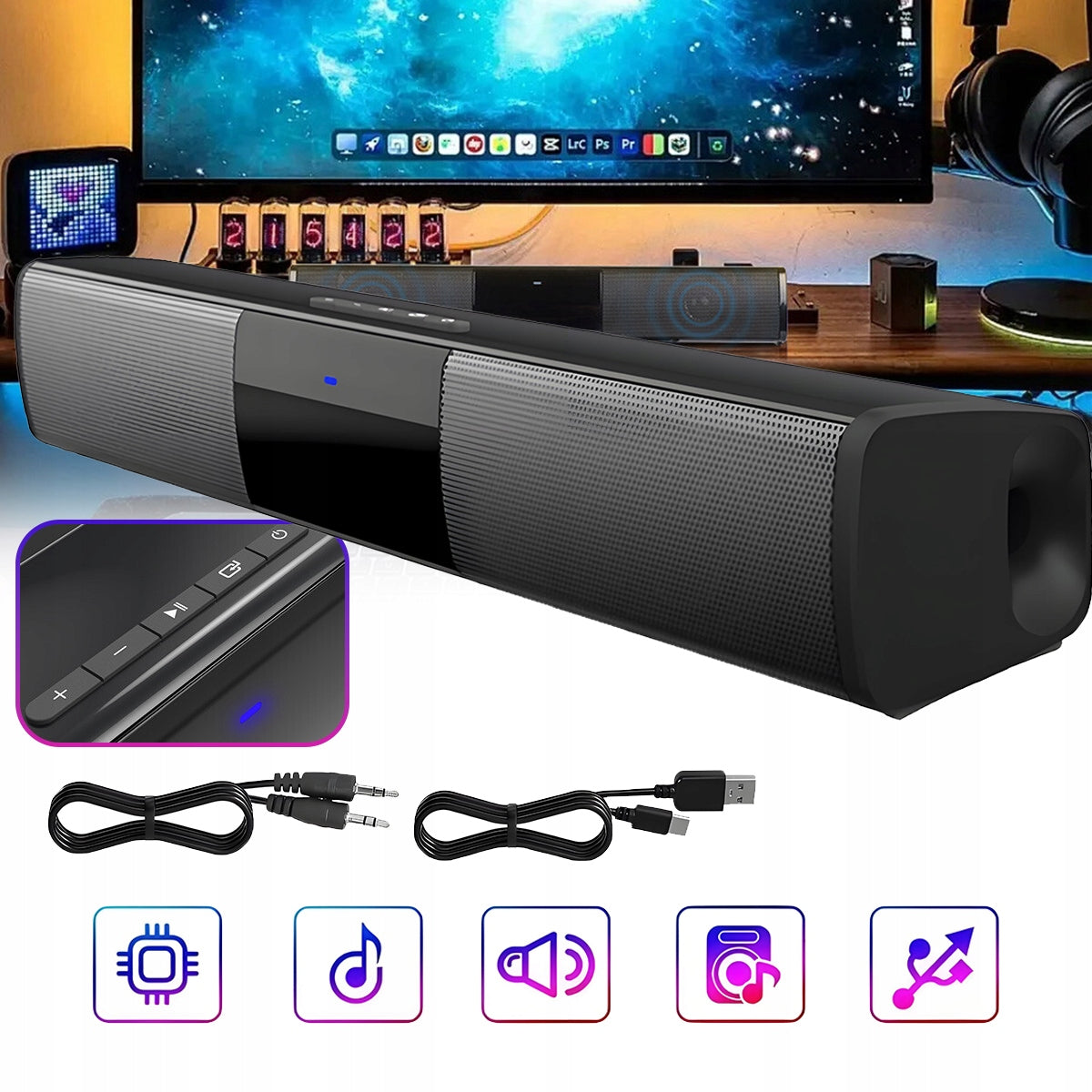 BLUETOOTH SPEAKER 5.0 FM SOUNDBAR FOR LAPTOP COMPUTER FM USB BLACK Brand no brand