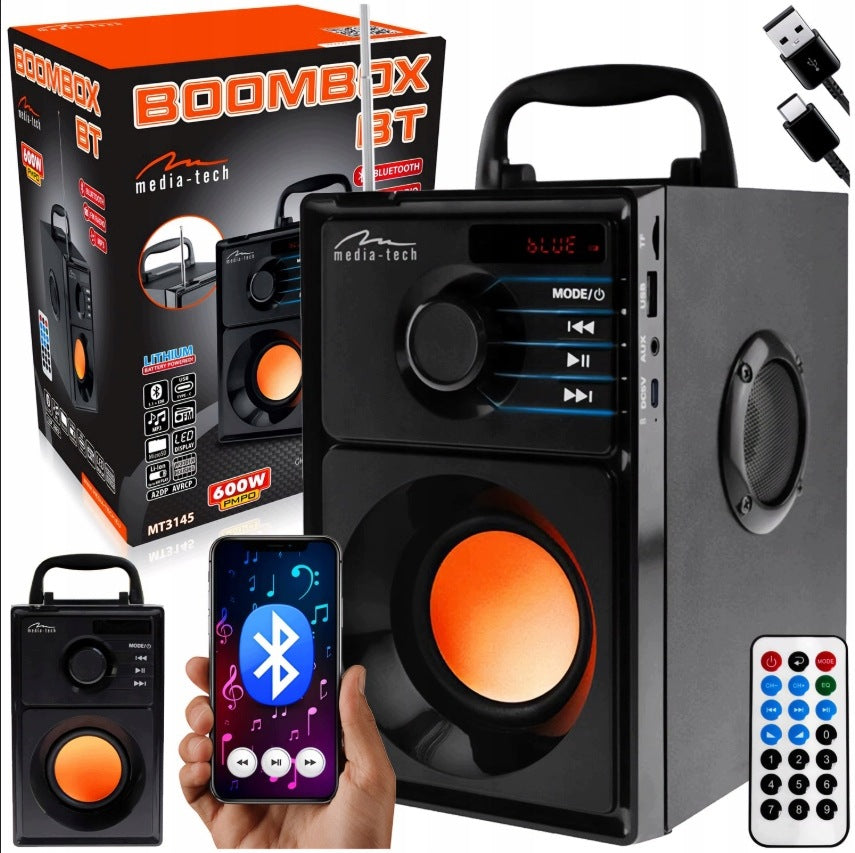 BLUETOOTH SPEAKER PORTABLE BOOMBOX 15W RMS FM RADIO USB microSD REMOTE CONTROL
